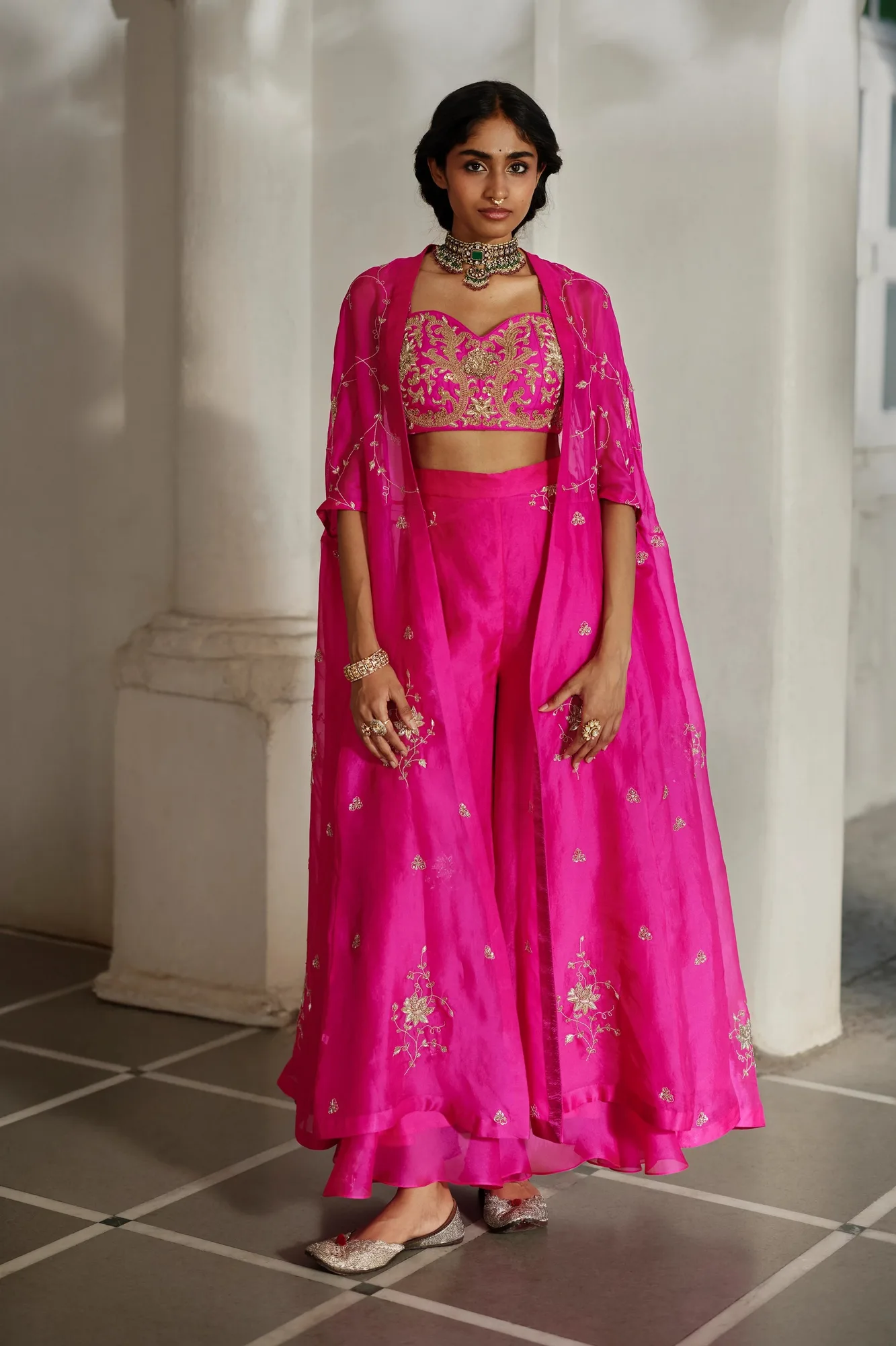 Ari Cape Palazzo Set by Paulmi And Harsh, hot pink cape set