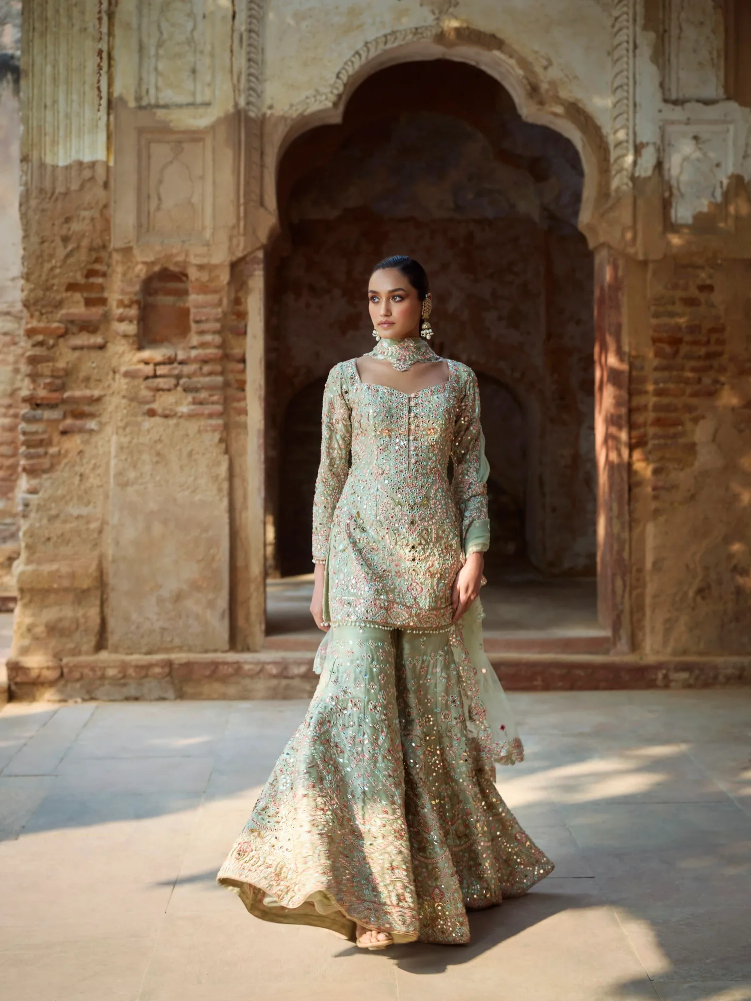 Mint Green Raw Silk Gharara Set by Tamanna Punjabi Kapoor