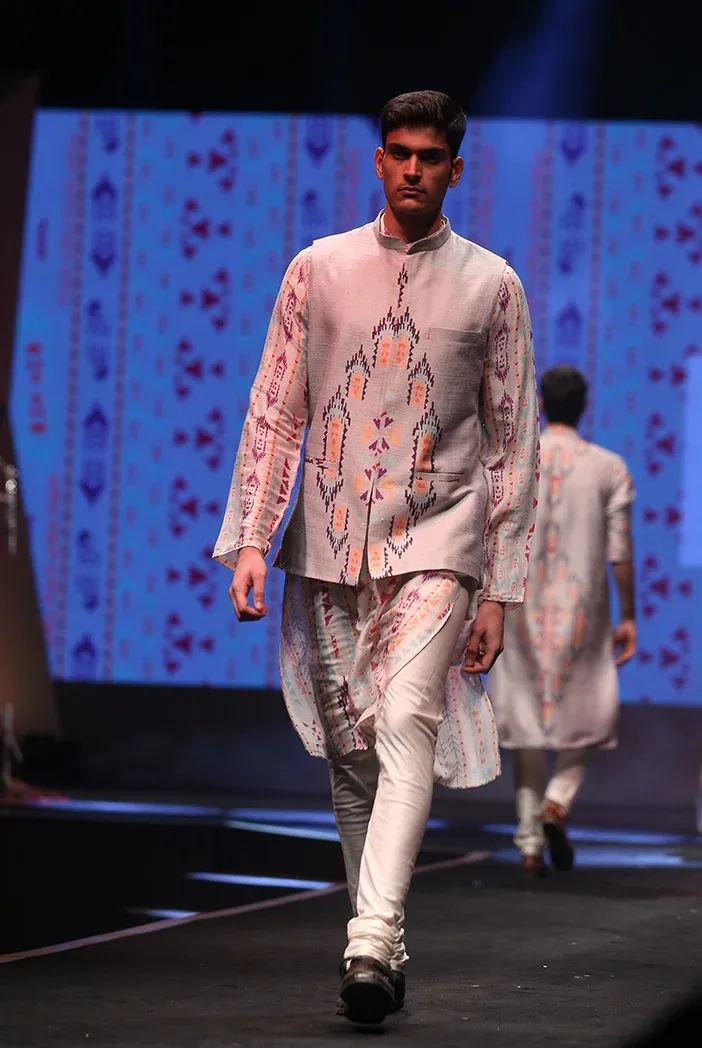 Zaheer Cream Printed Silkmul Kurta with Grey Printed Dupion Silk Bandi and off-White Cotton Silk Churidar by Payal Singhal