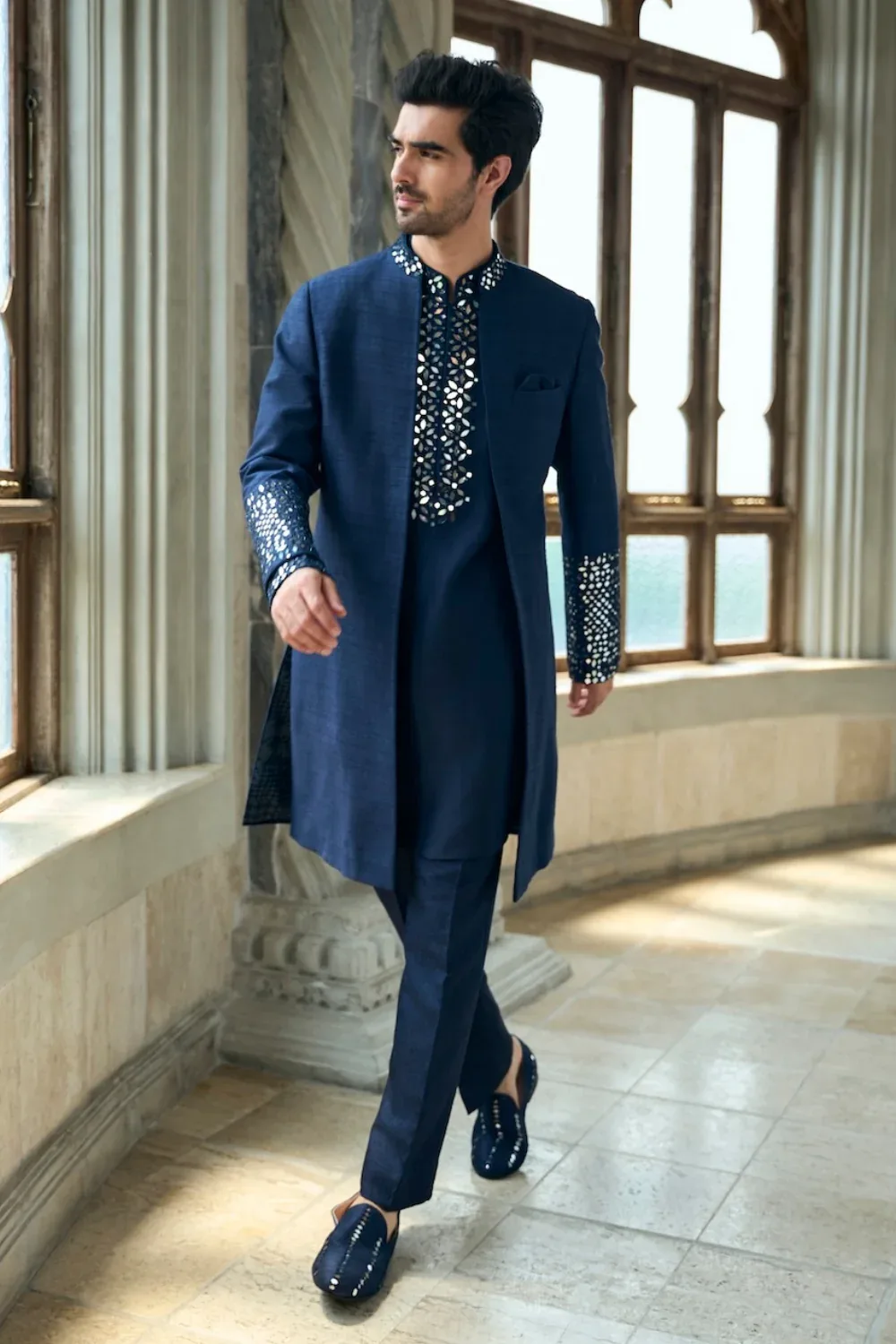 Persian Blue Mirror Open Sherwani Set by Seema Gujral