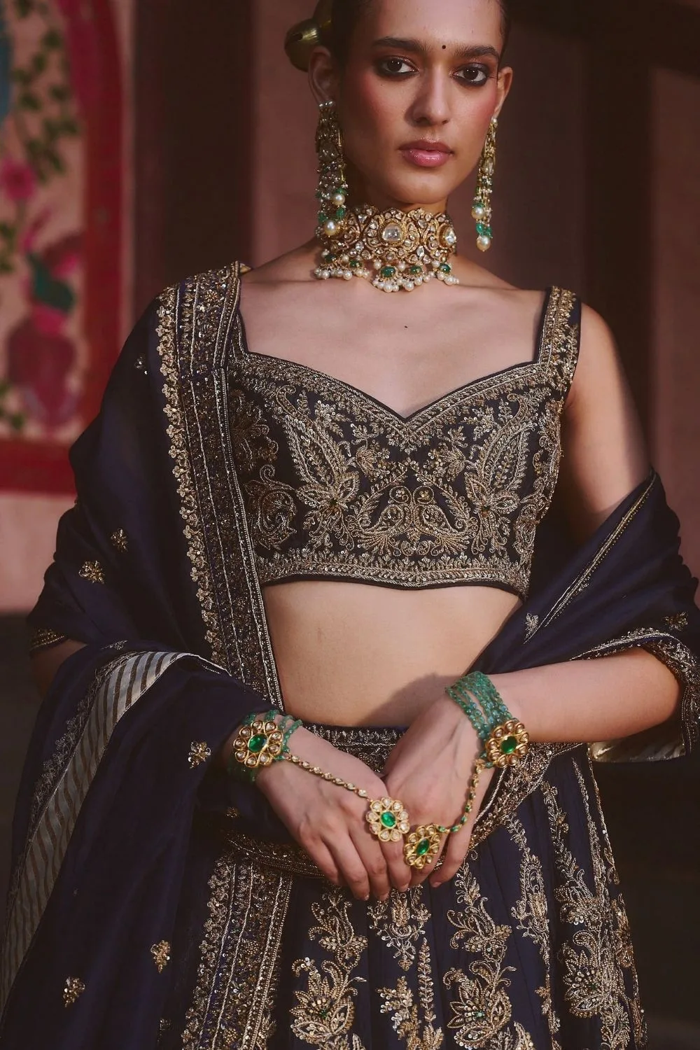 Shloka Lehenga Set by Jigar Mali in navy blue, view 3
