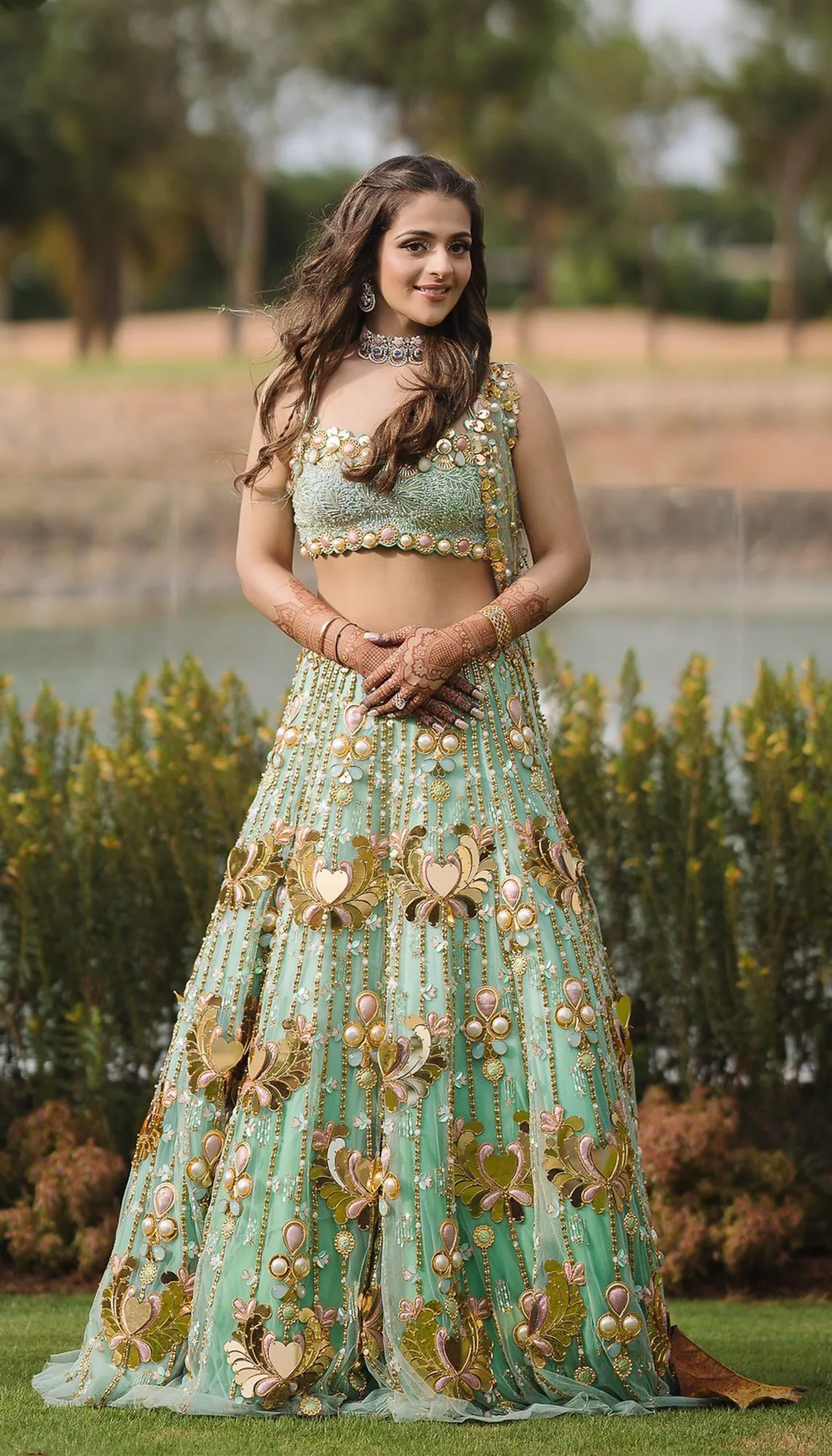 Simran in Celeste Haze - Teal Lotus Lehenga Set by Papa Don't Preach