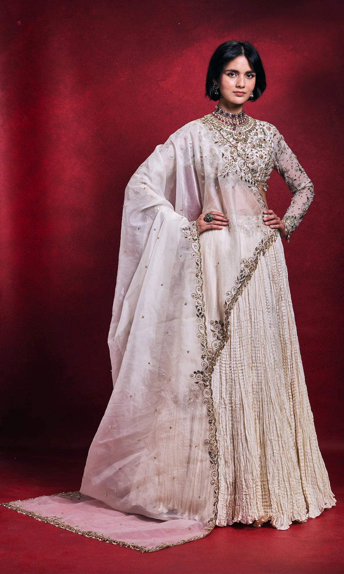 Ivory Crushed Lehenga Set by Tamanna Punjabi Kapoor, view 4