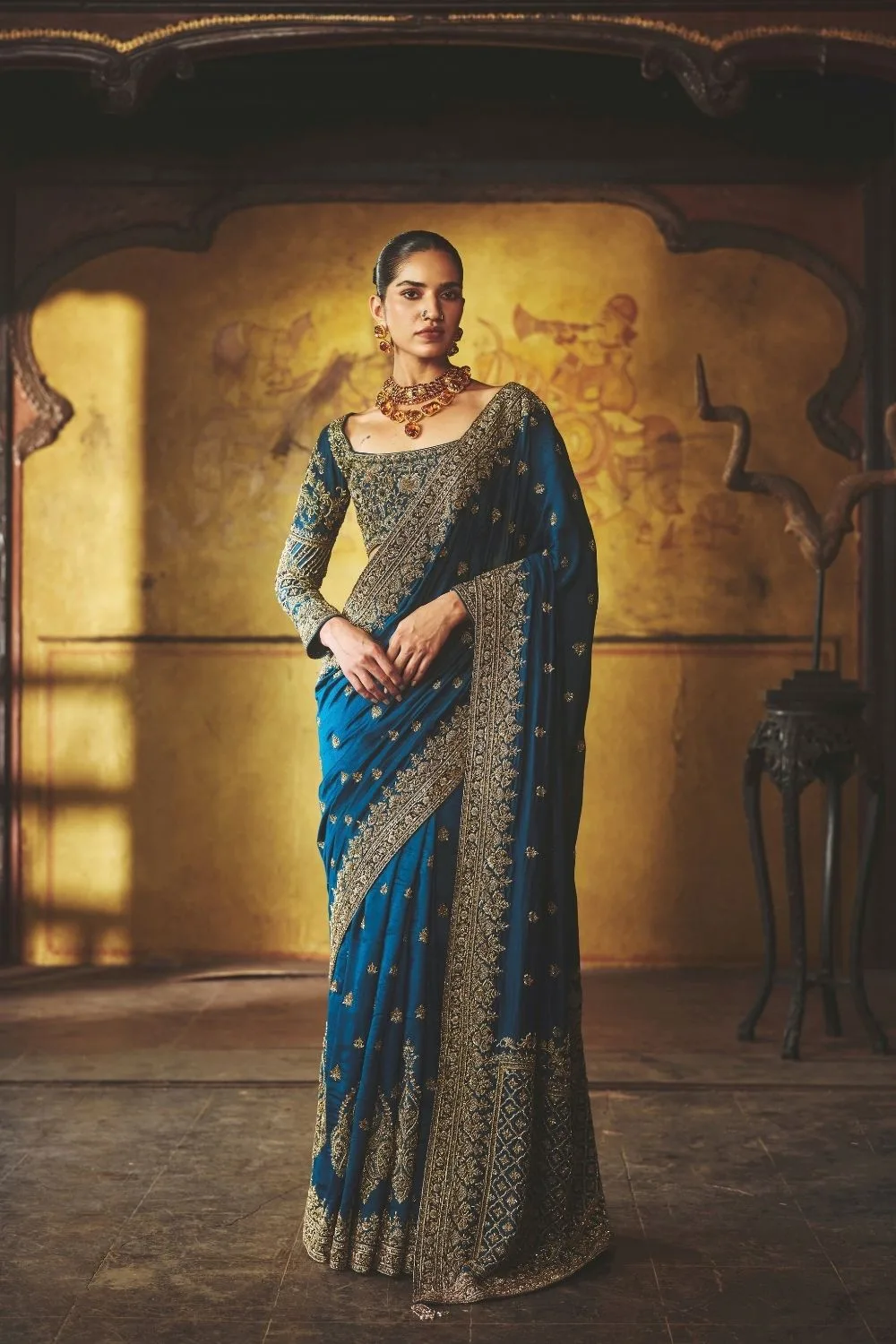 Naivedya Saree by Jigar Mali in teal blue