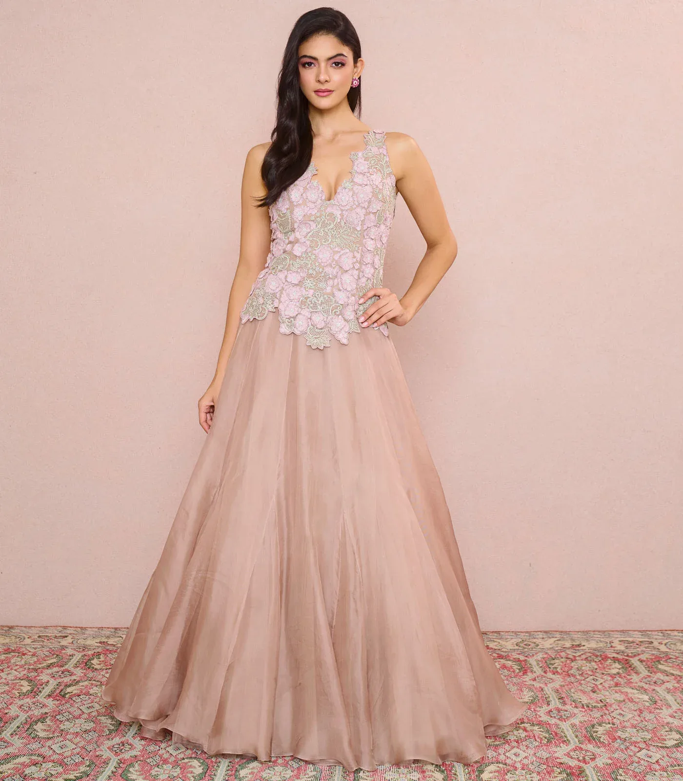 Brownish Pink 3D V Neck Top with Skirt by Anushree Reddy