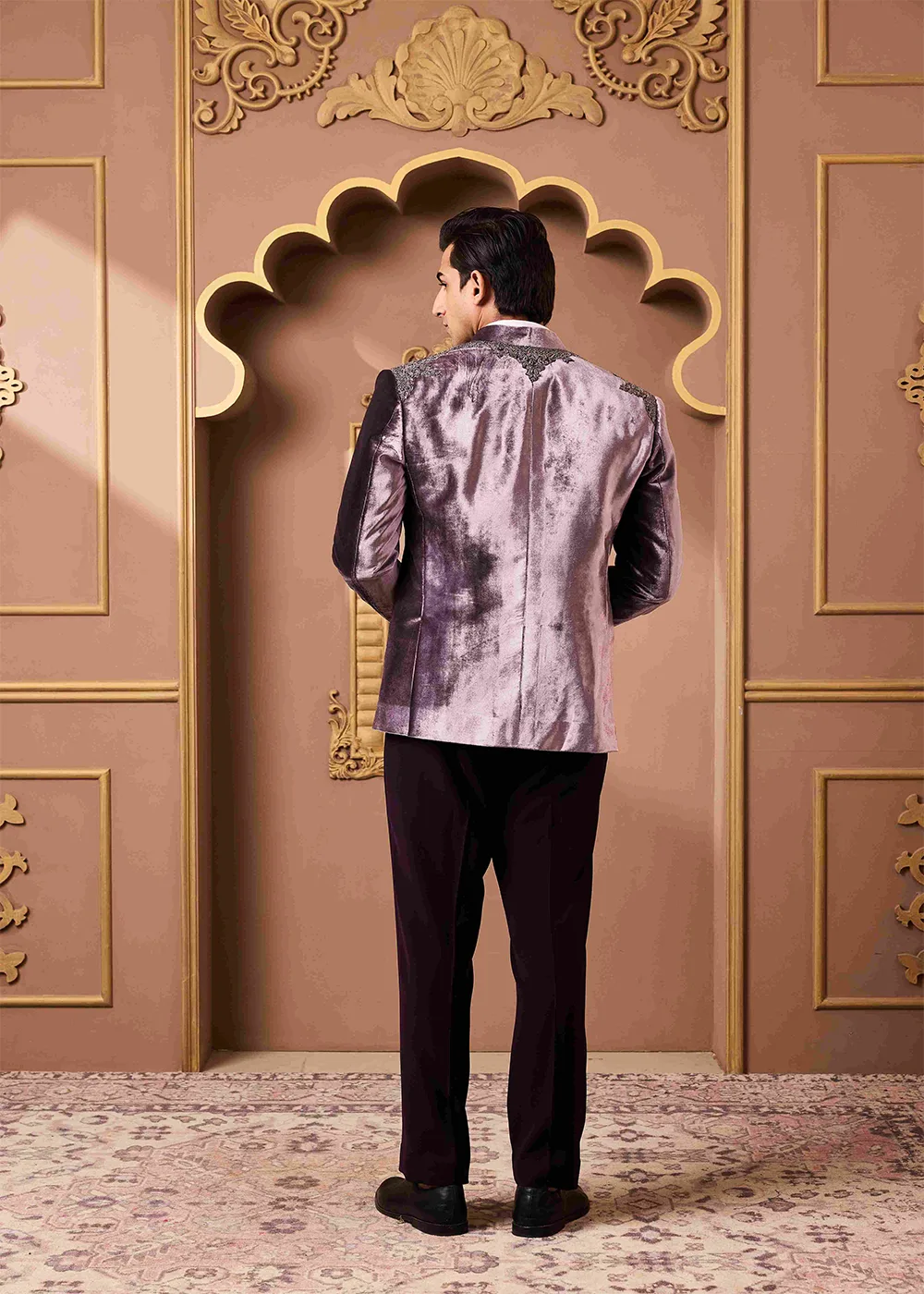 Lilac Embroidered Coat and Vest with Pant by Nitika Gujral, lilac bundi, view 3
