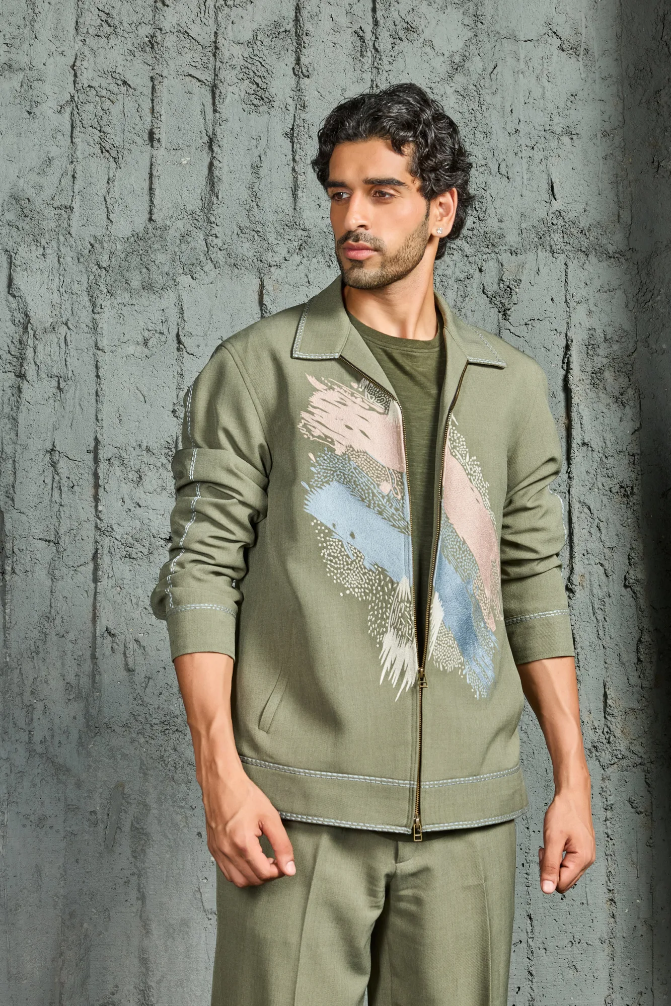 Olive Green Paint Strokes Shacket Set by Sarab Khanijou