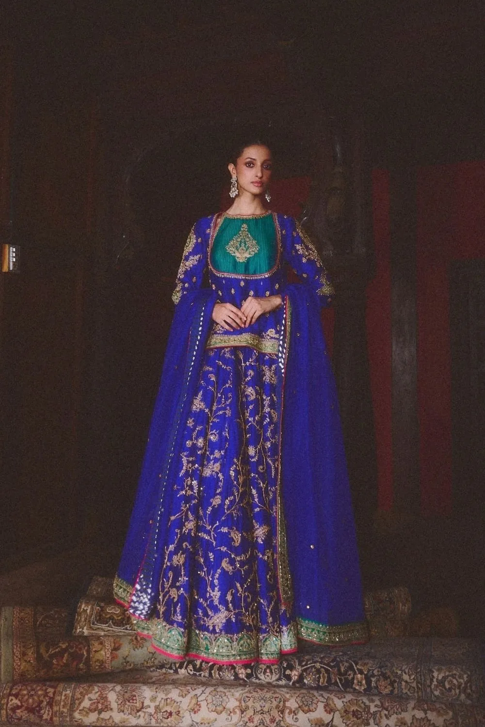 Kalasha Lehenga Set by Jigar Mali in peacock blue