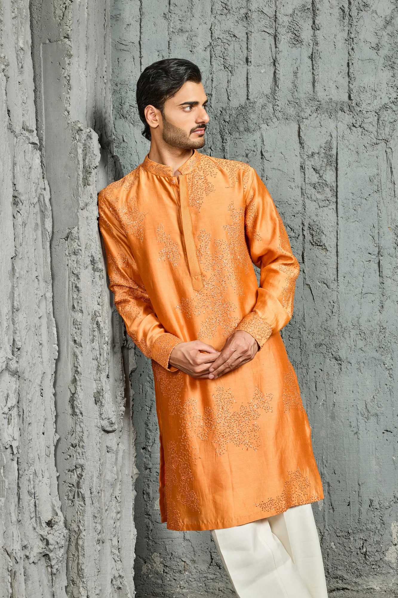 Sunset Bloom Orange French Knot Kurta Set by Sarab Khanijou