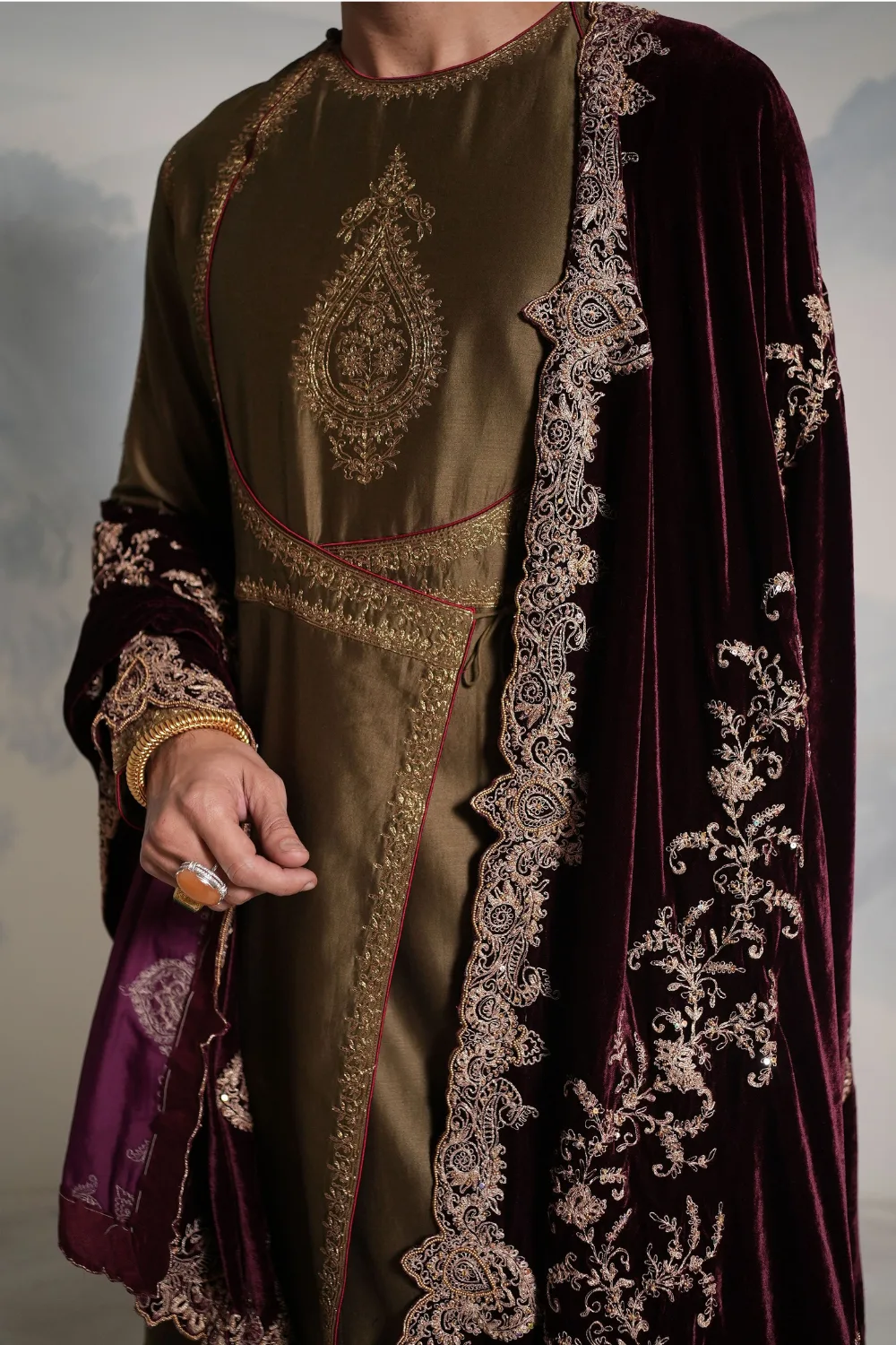 Tejas Angrakha Set by Jigar Mali, olive sherwani, view 2