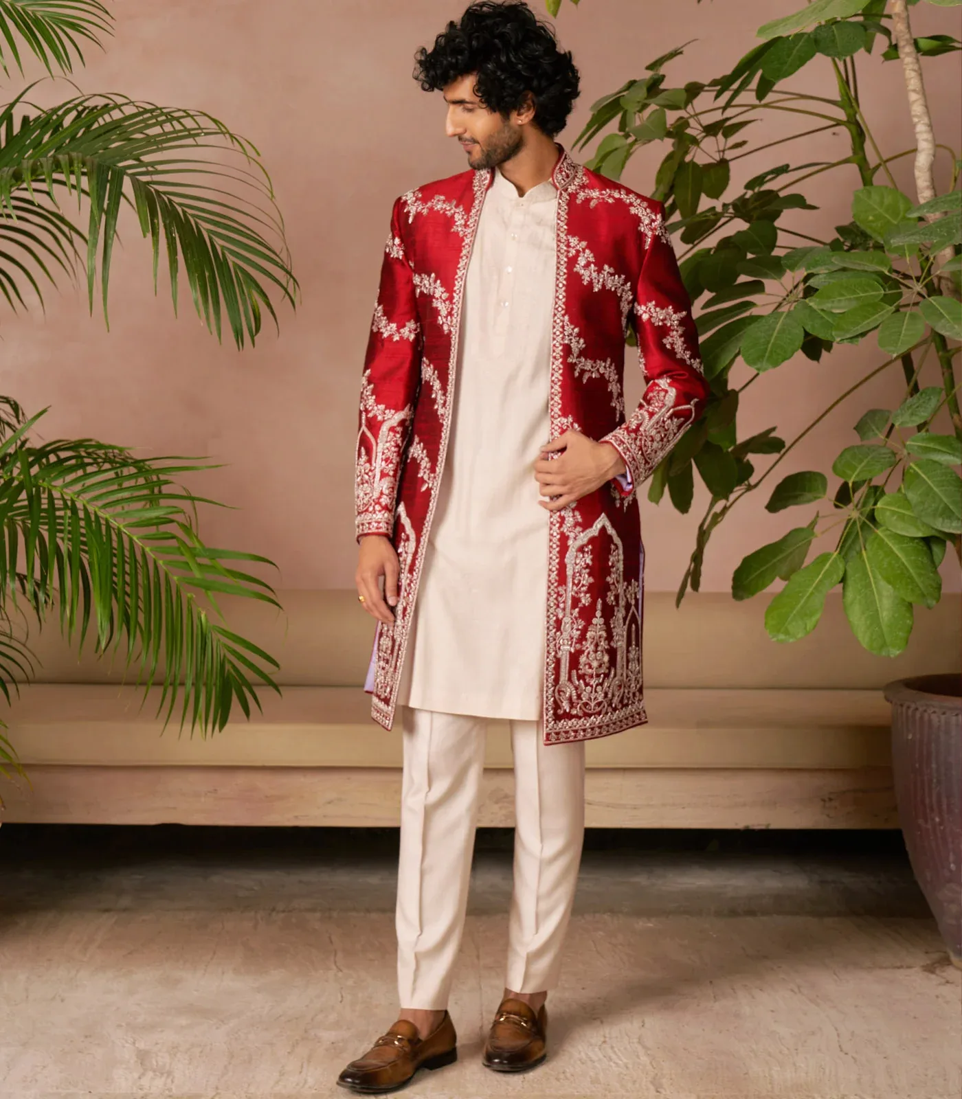 Cherry Red Sherwani Set by Anushree Reddy