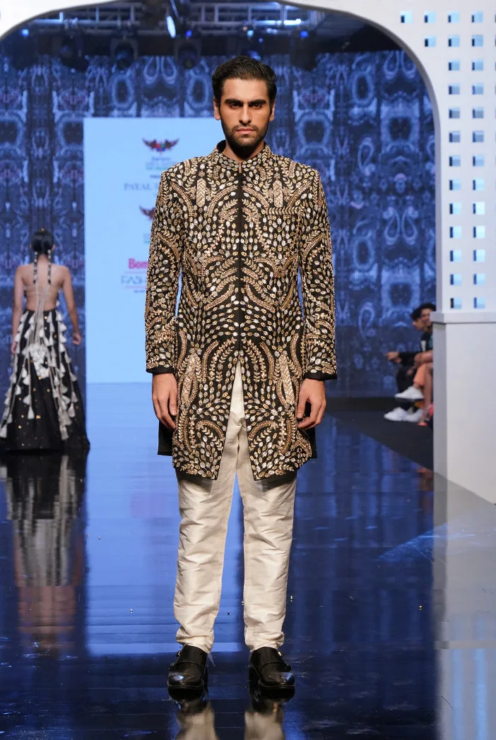 PS Men Kabir Black Colour Embroidered Sherwani with Off White Colour Pants by Payal Singhal