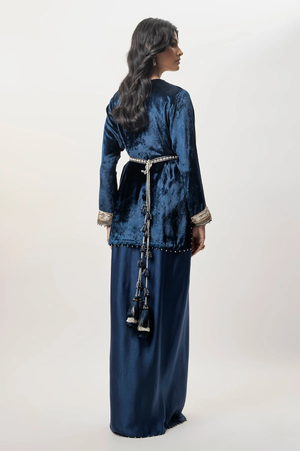 Samira Navy Blue Velvet Embroidered Yoke And With Dhoti Skirt And Belt by Payal Singhal, navy blue kurta, view 4