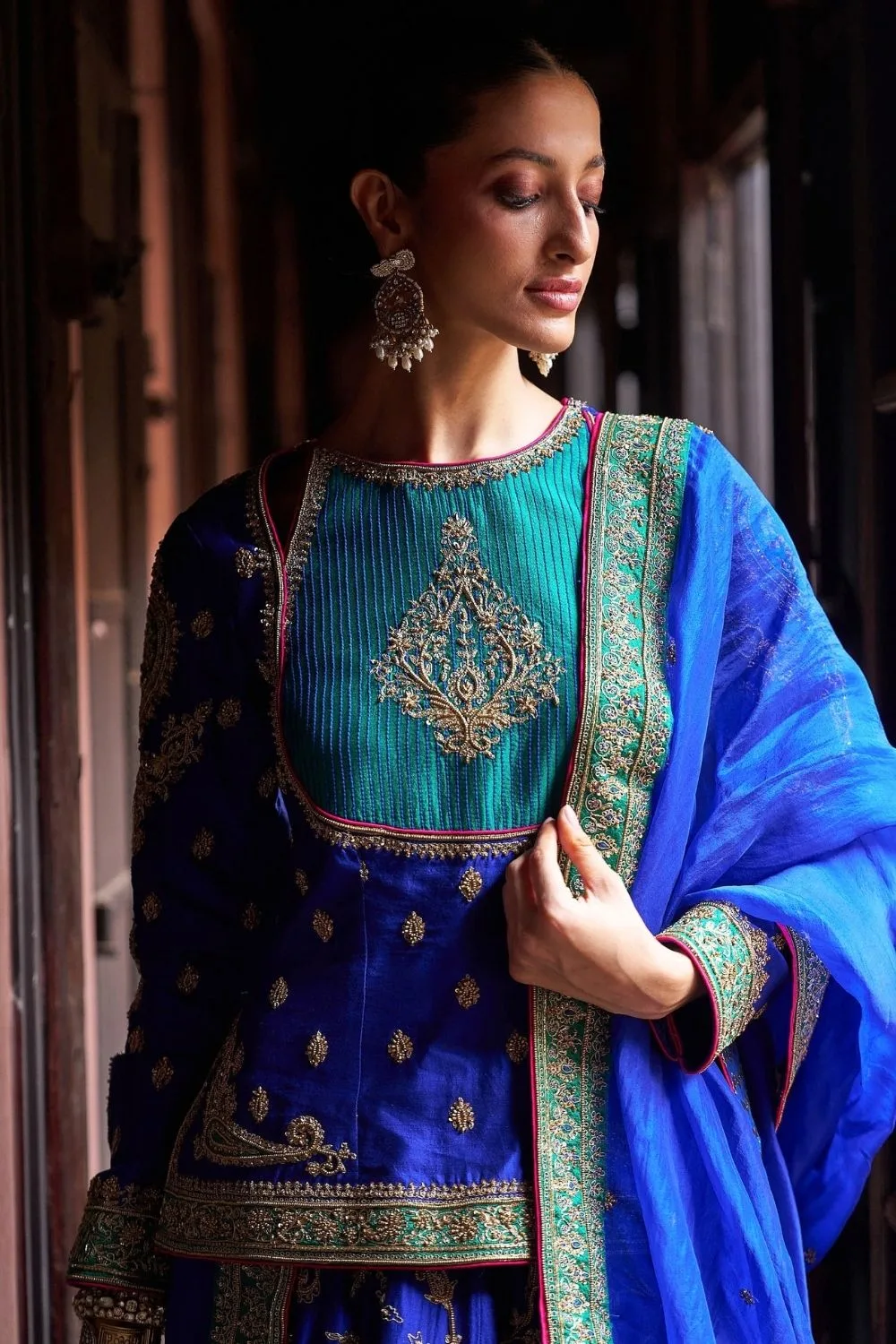 Kalasha Lehenga Set by Jigar Mali in peacock blue, view 4