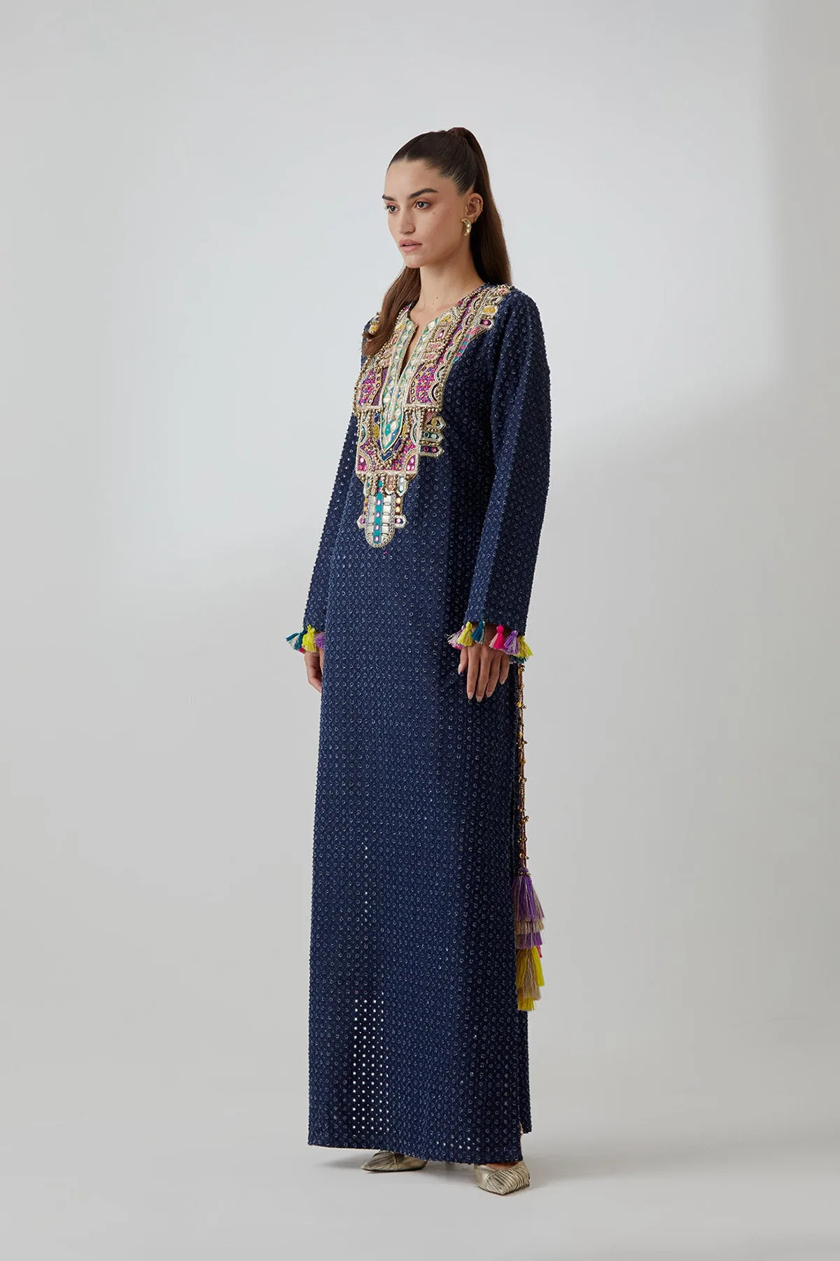 Blue Denim Embroidered Yoke Kaftan by Payal Singhal, view 3