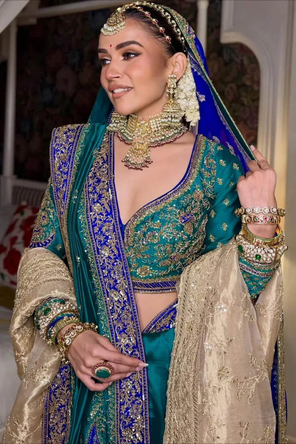 Komal Pandey in Peacock Green and Blue Saree Set by Jigar Mali