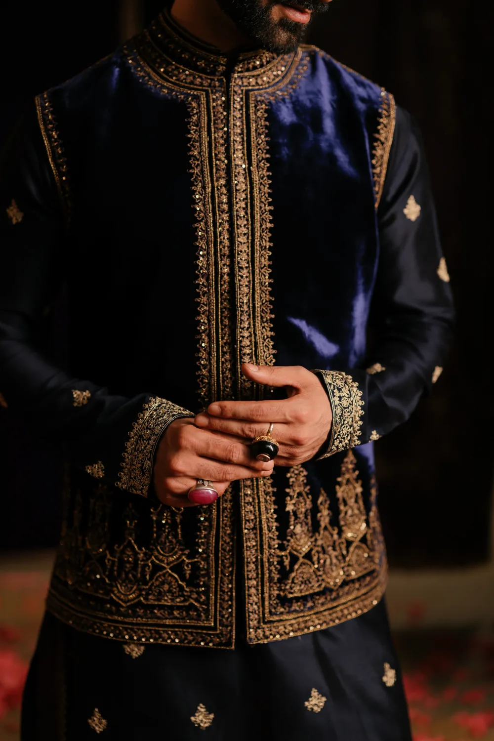 Zunair Jacket Set by Jigar Mali in navy blue, view 2