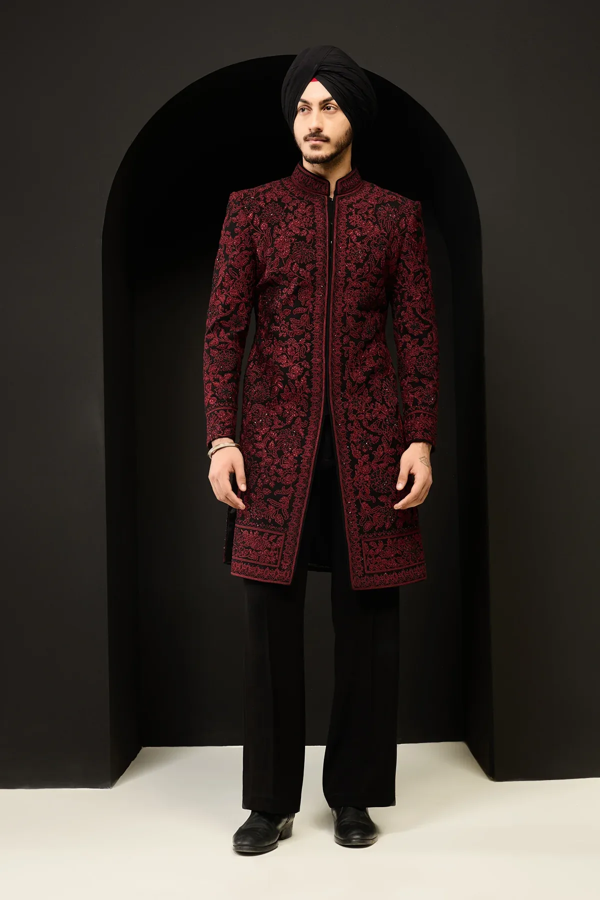 Black indo Western highlighting with sequins pearls and wine thread work by Sarab Khanijou