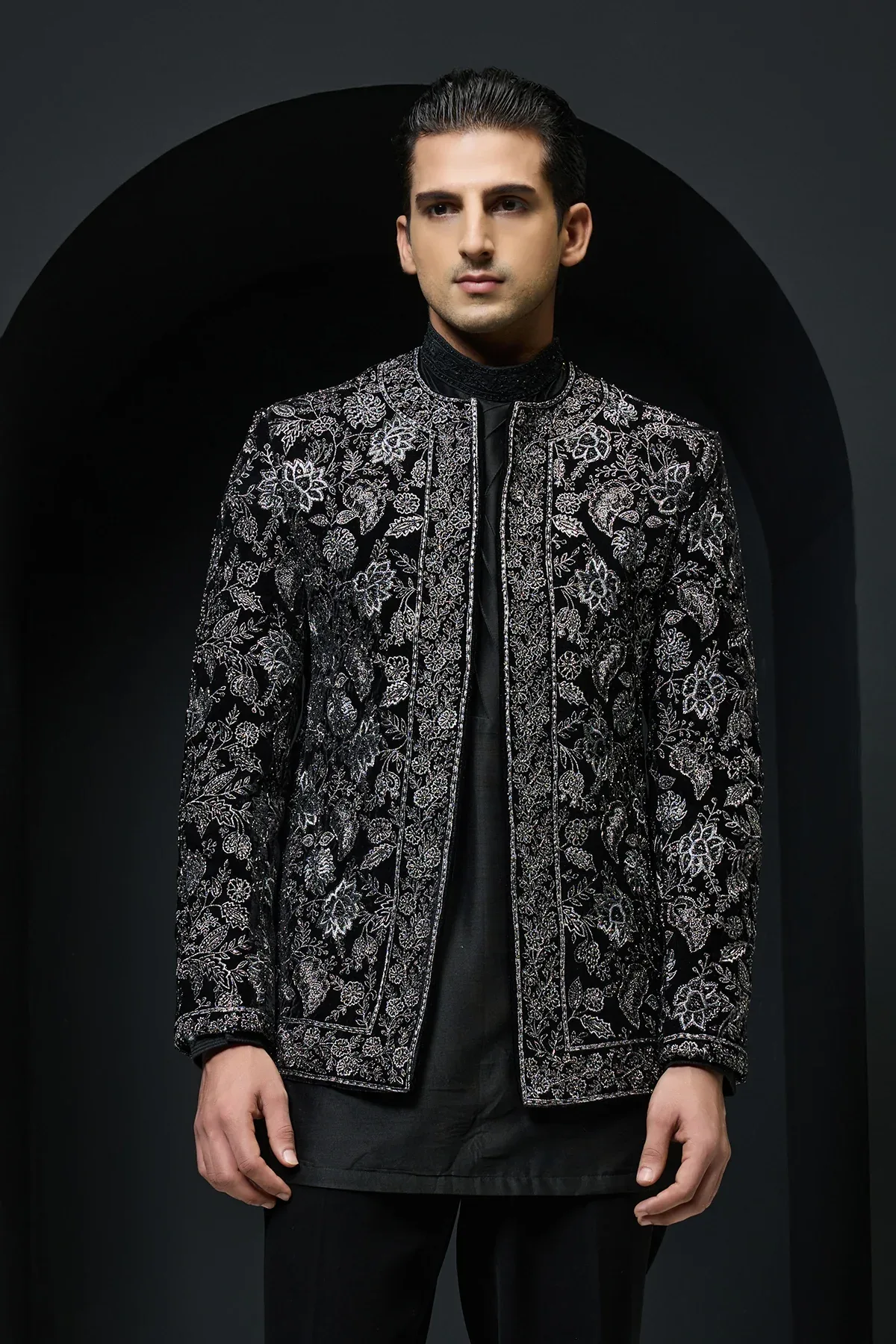 Black open bandhgala with silver zari sequins & pearl work by Sarab Khanijou
