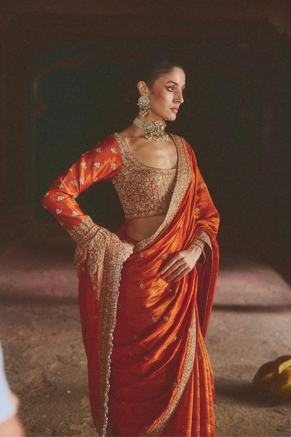 Shachi Silk Saree by Jigar Mali in rust, view 3