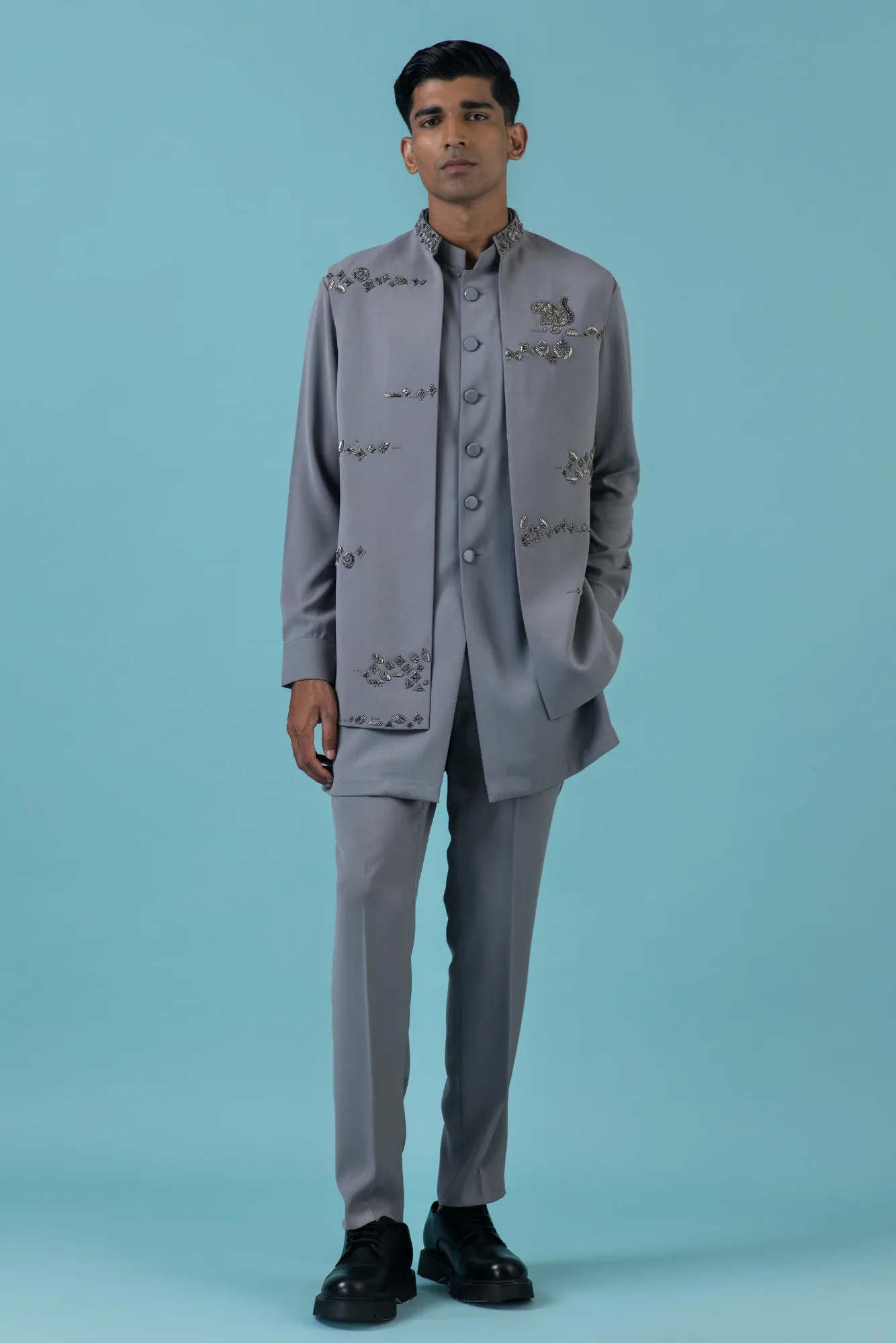 Grey Jungle Nehru Jacket by Qbik