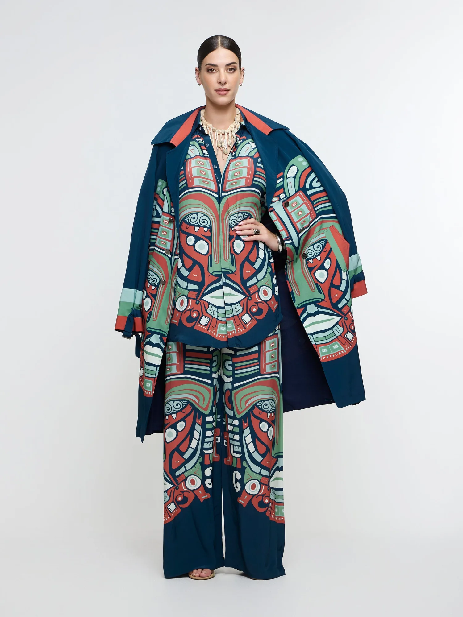 Midnight Blue Printed Mask Trench Coat With Shirt And Pant. by SVA, midnight blue jacket set
