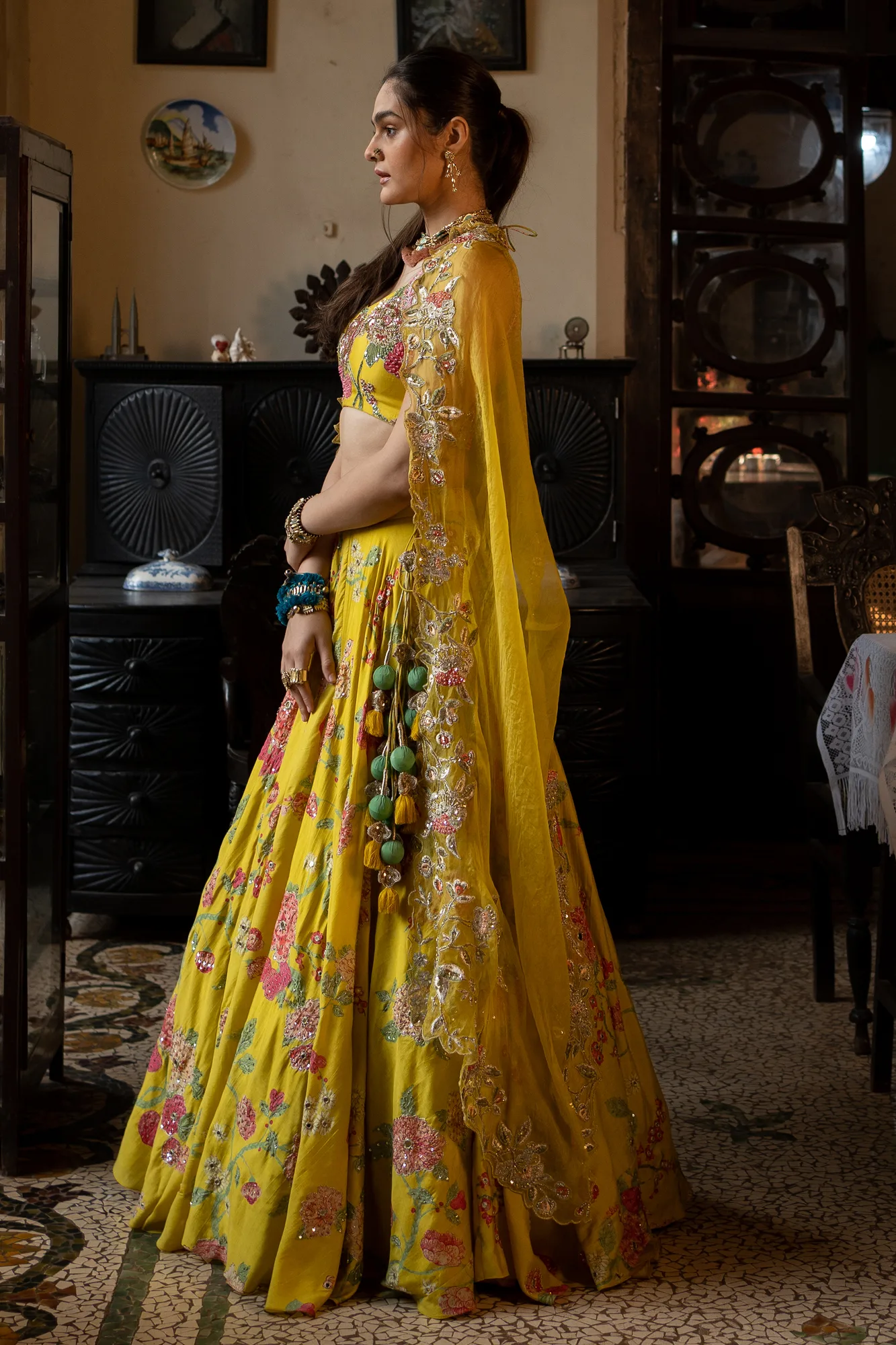 Inaaya Lehenga Set by Paulmi And Harsh in lime, view 4
