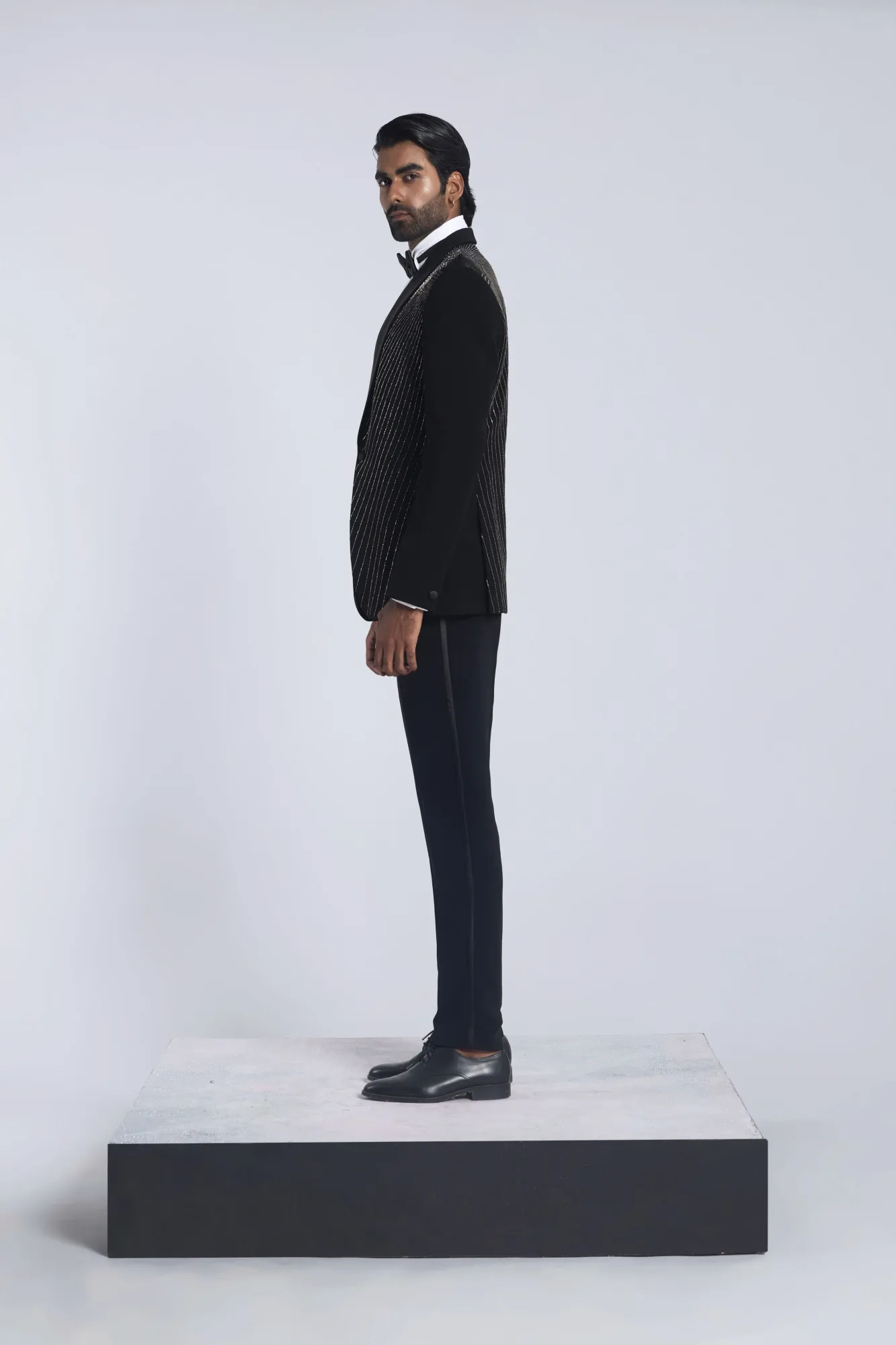 Black sandwash silver embroidery tuxedo set by Sarab Khanijou
