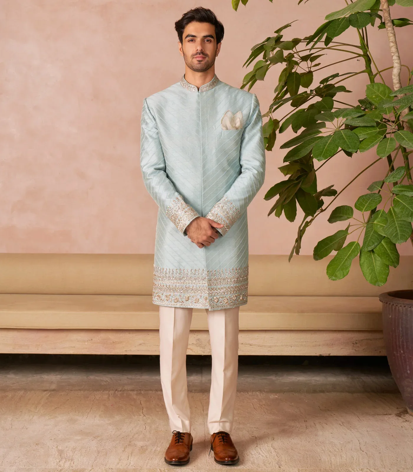 Powder Blue Sherwani Set by Anushree Reddy