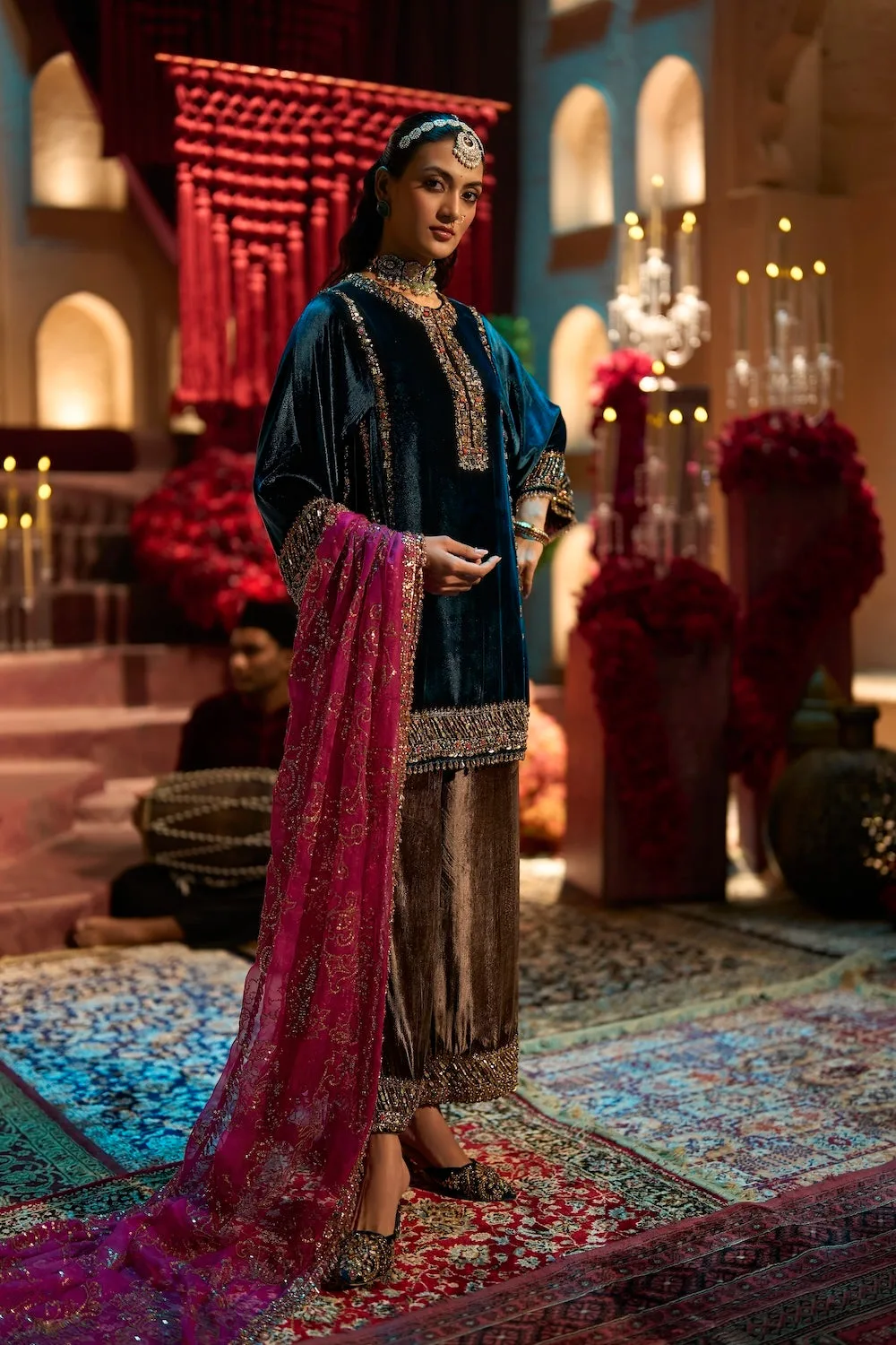Teal Blue Velvet Pant Set by Seema Gujral, teal blue sari