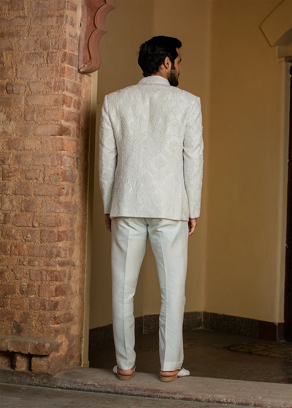 Ivory Raw Silk Short Embroidered Jacket with vest and Pant by Nitika Gujral, ivory bundi, view 3