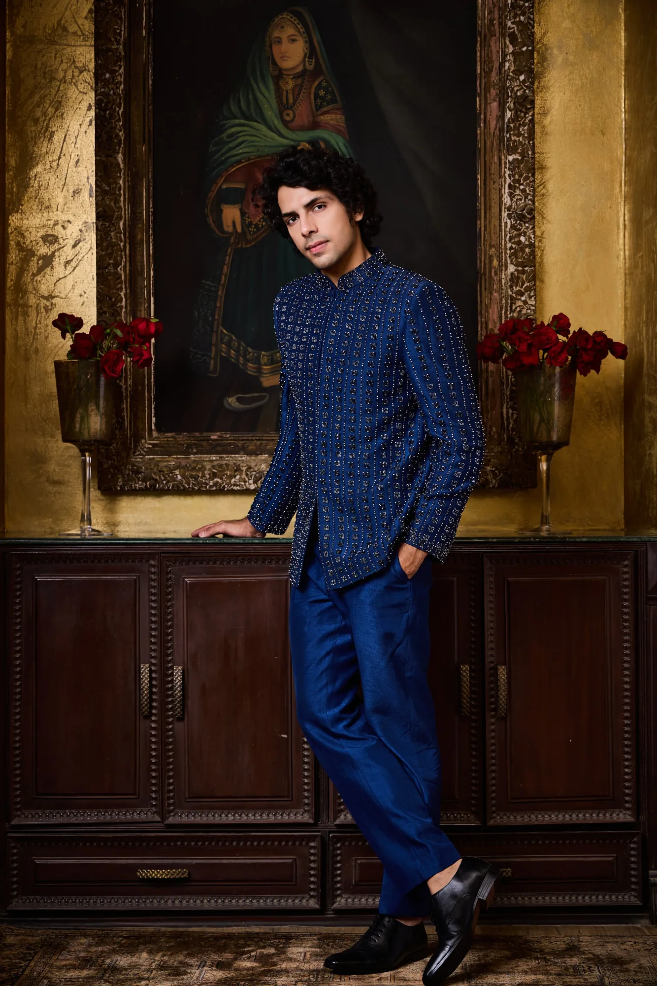 Cobalt Blue Raw Silk Jodhpuri Suit by Nitika Gujral