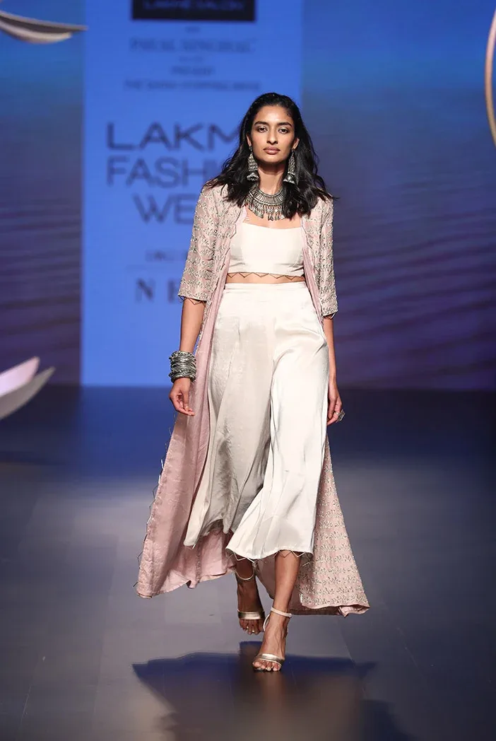 Ayla Rose Pink Silk Jacket with Stone Silk Bustier and Culottes Pant by Payal Singhal