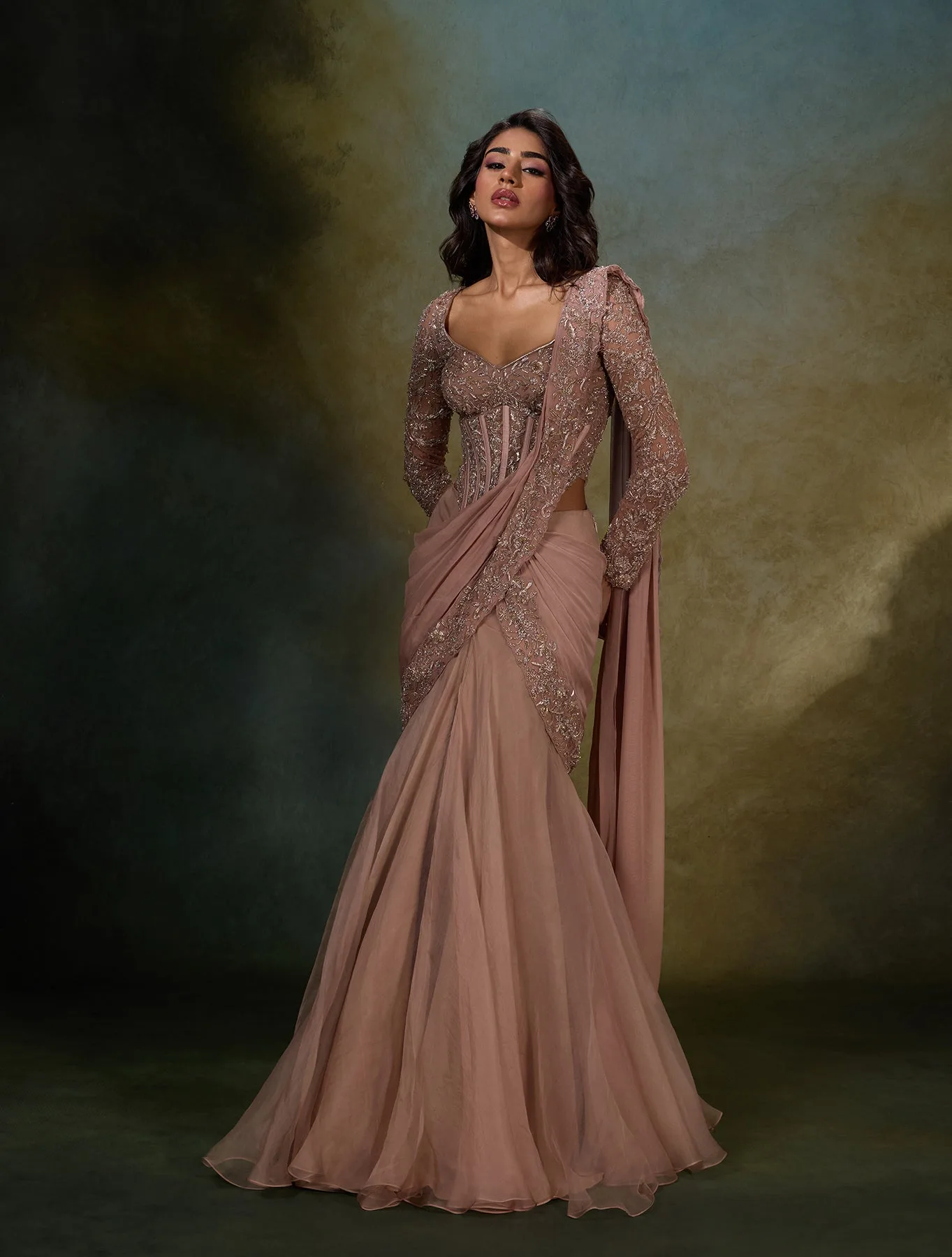 Emilia by Shloka Khialani, champagne lehenga, view 2