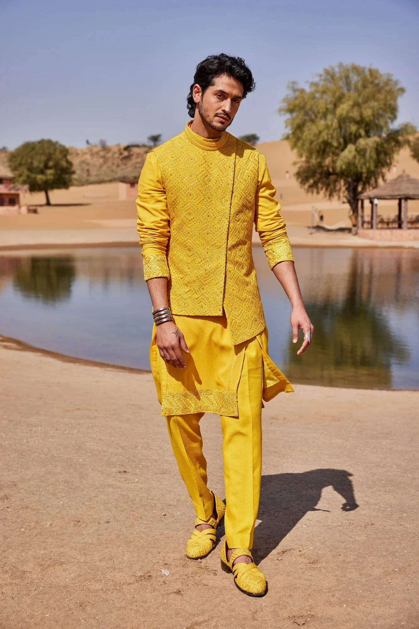 Yellow Slant Cut Waistcoat Set by Sarab Khanijou