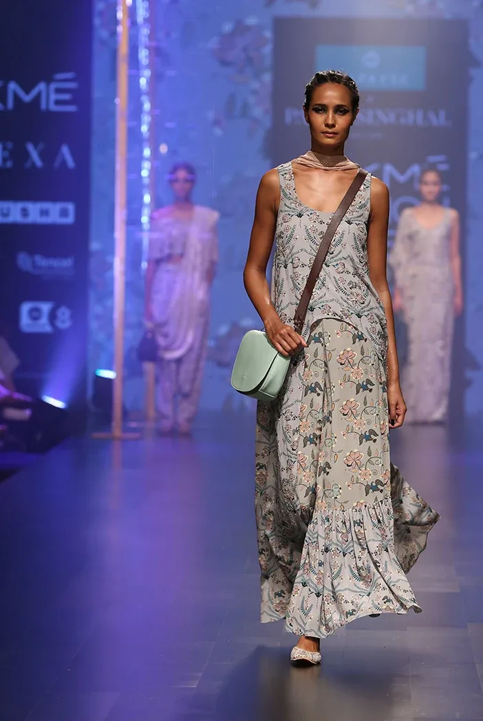 Anira Powder Blue Printed Crepe High-Low Kurta with Frill Palazzo and Dusky Rose Mukaish Georgette Dupatta by Payal Singhal
