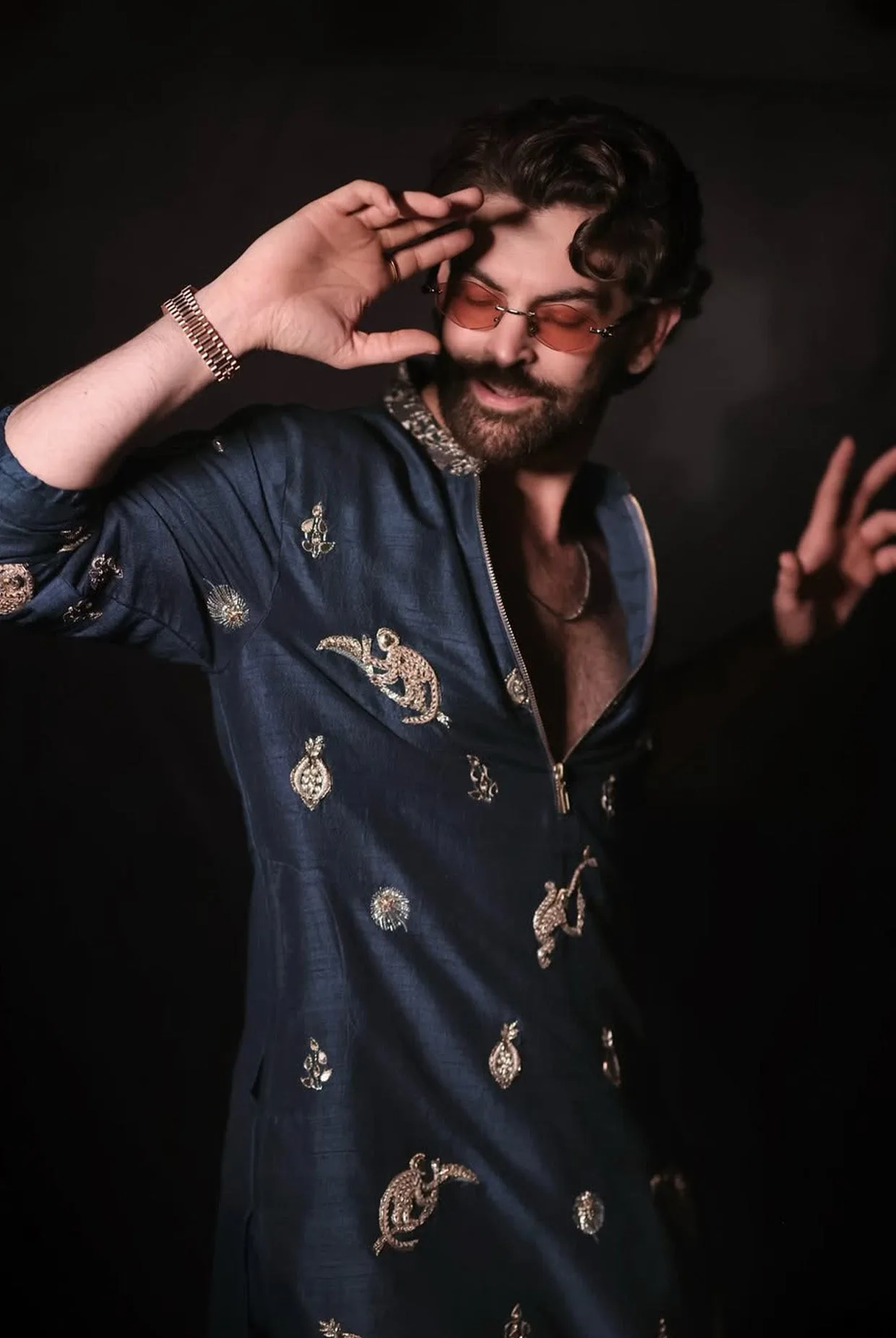 Teal Blue Embroidered Bomber Kurta With Off-White Pants by Payal Singhal, view 2