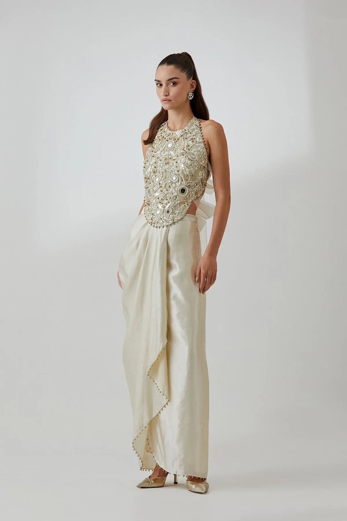 Stone Organza Embroidered Choli With Tissue Lungi Skirt by Payal Singhal, skirt set, view 3