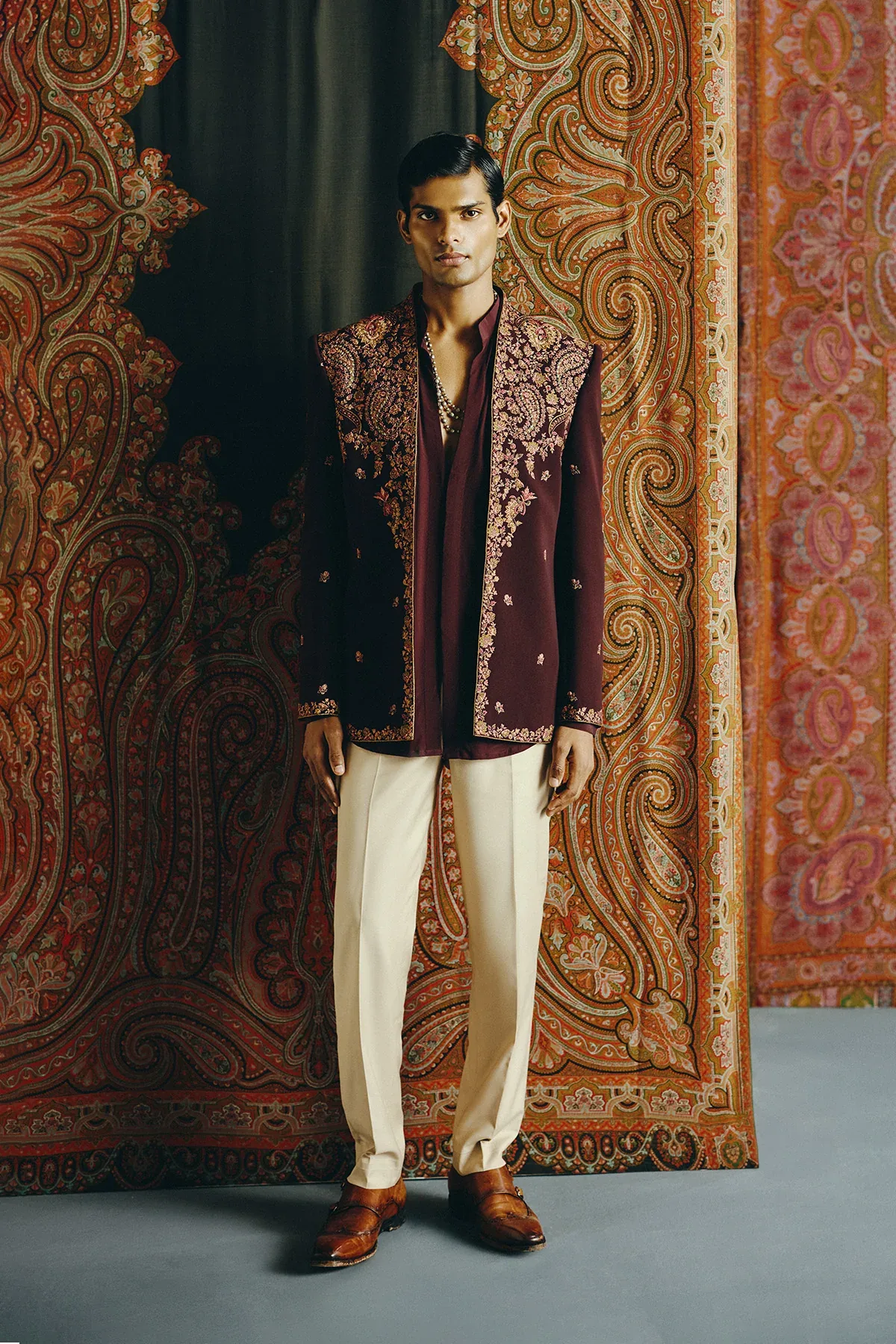 Royal Kashida Open Jacket with Pant and Shirt by Dolly J