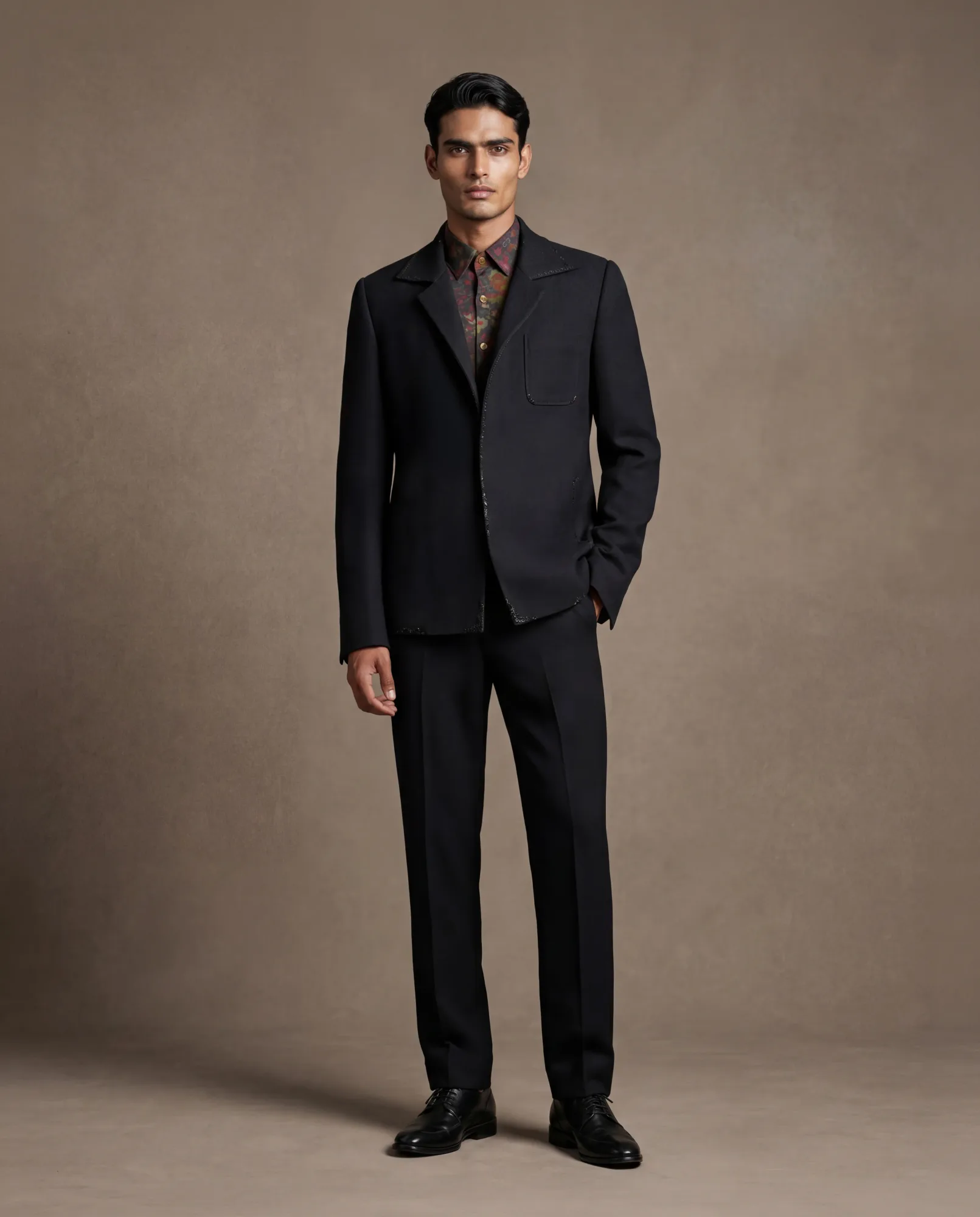 Navy Swarovski Open Jacket, Shirt & Pant Set by Dolly J
