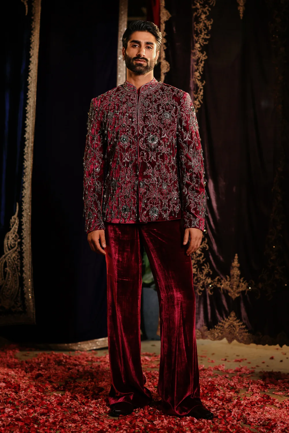 Misam Jacket Set by Jigar Mali in maroon, view 3