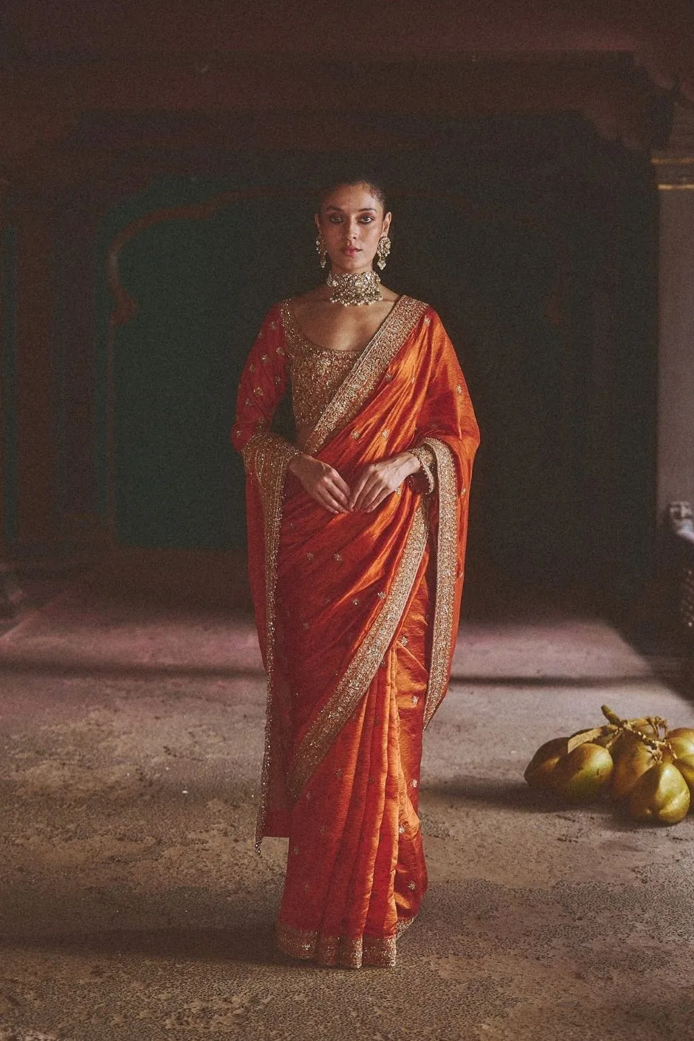 Shachi Silk Saree by Jigar Mali in rust