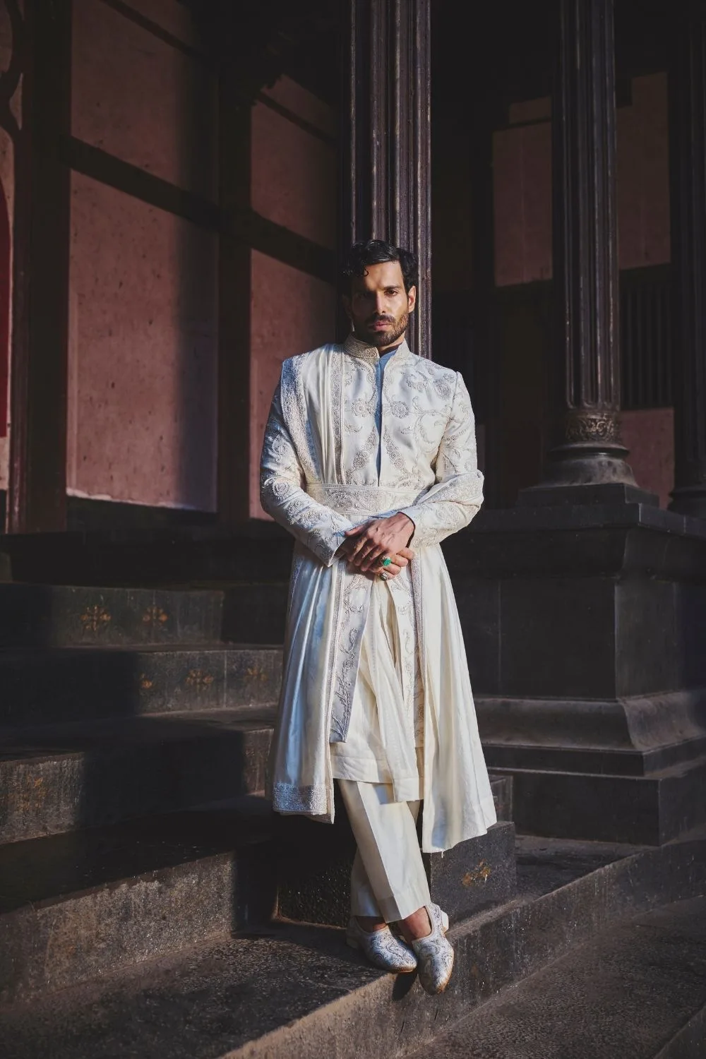 Aaroh Sherwani by Jigar Mali in ivory