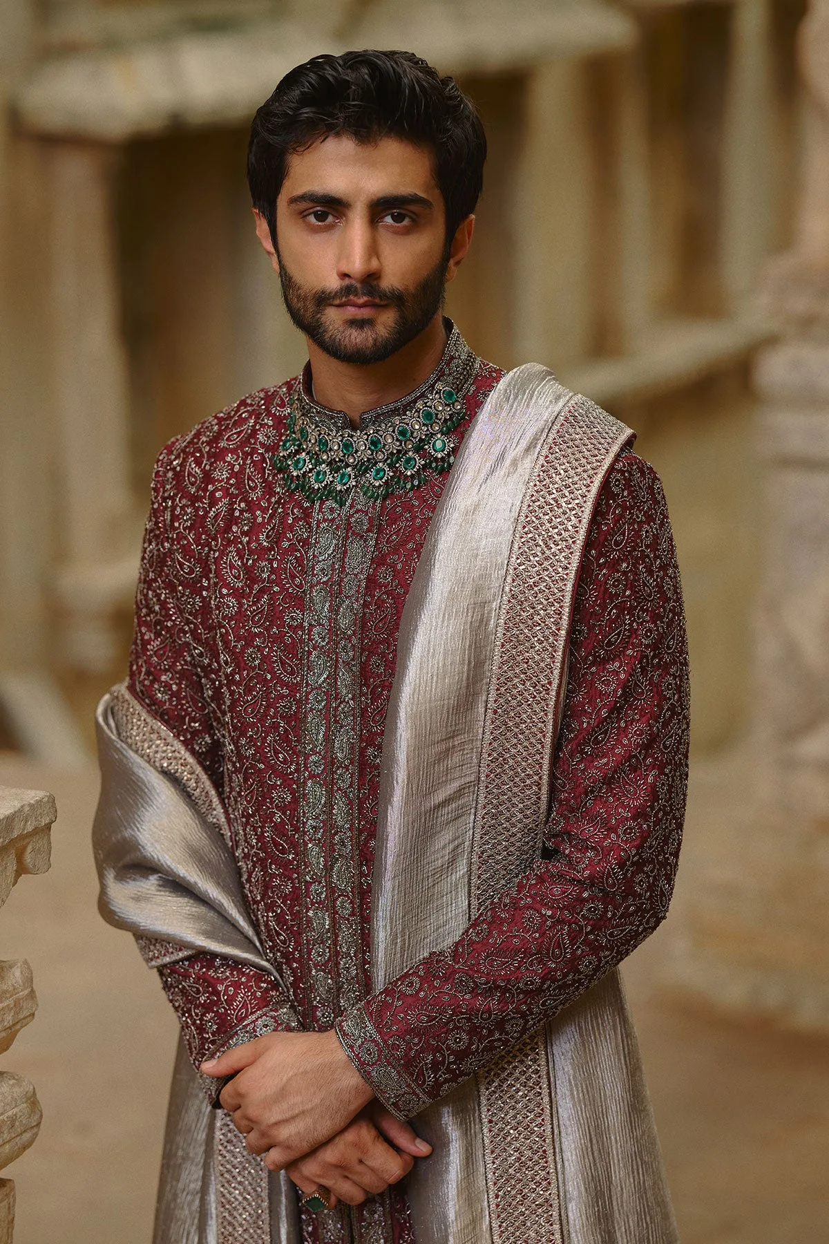 Burgundy Sherwani Set by Nitika Gujral, view 2