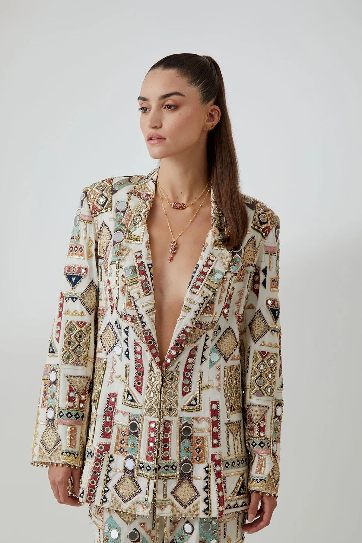 Off-White Georgette Embroidered Jacket With Pants by Payal Singhal, off white co-ord set, view 4
