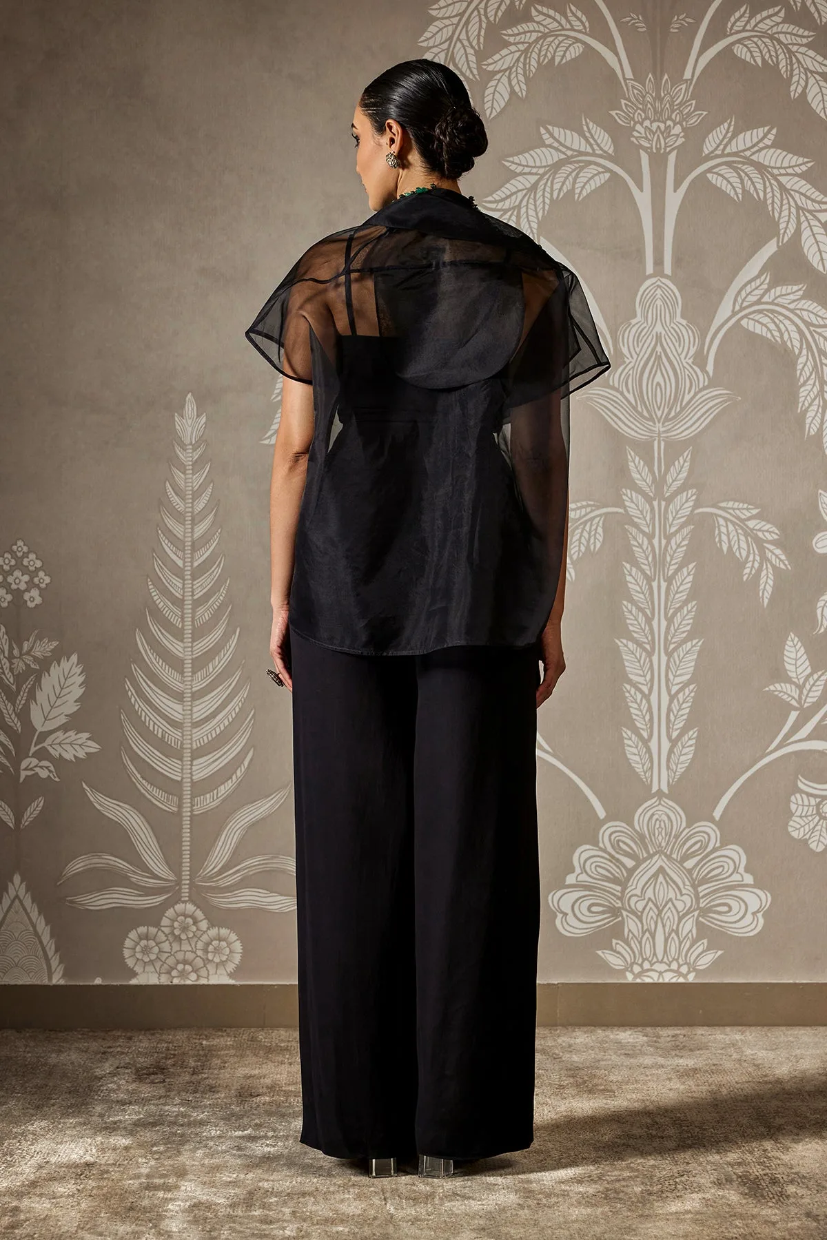 Aura Cape Pants Set by Ridhi Mehra, black cape set, view 3