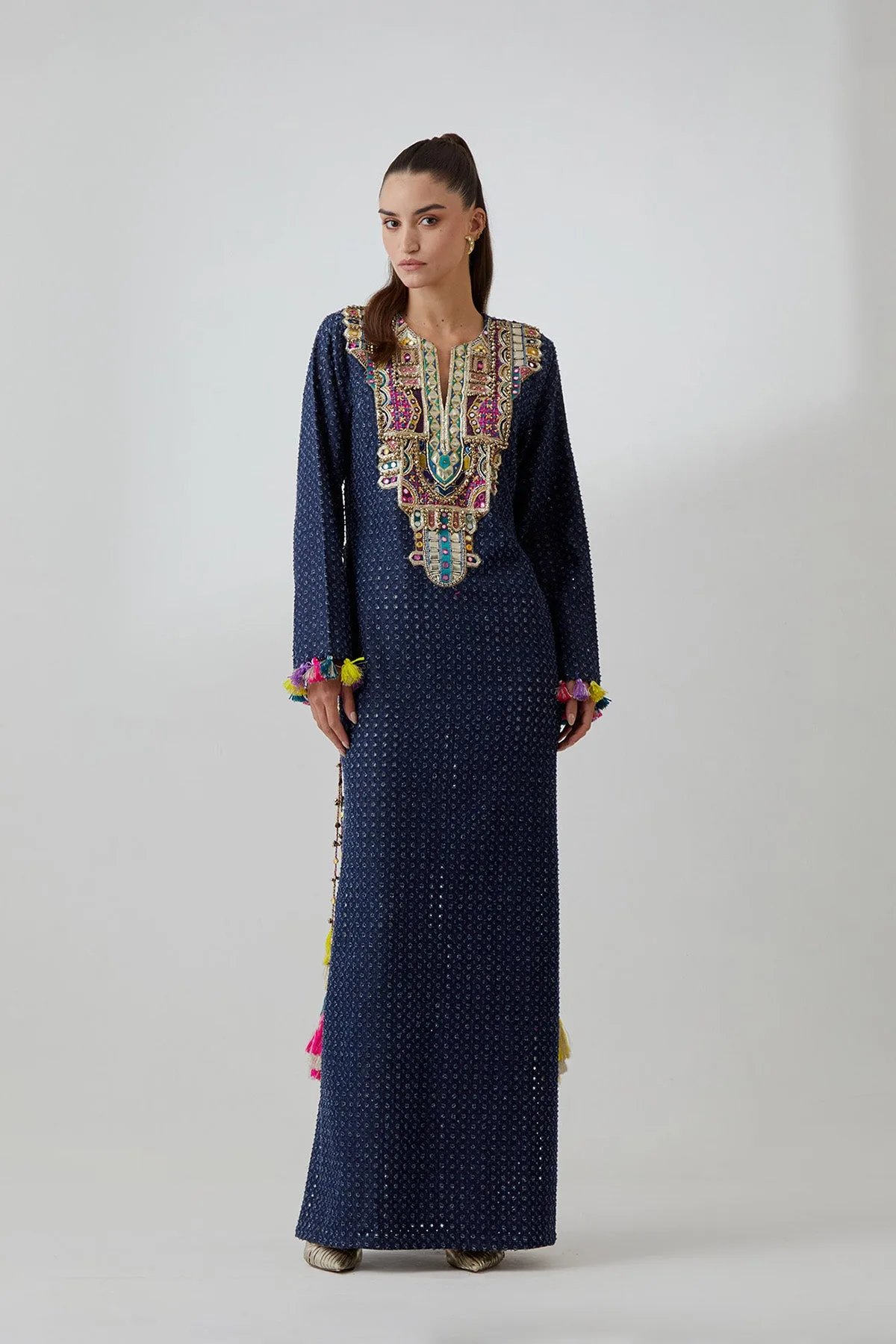 Blue Denim Embroidered Yoke Kaftan by Payal Singhal