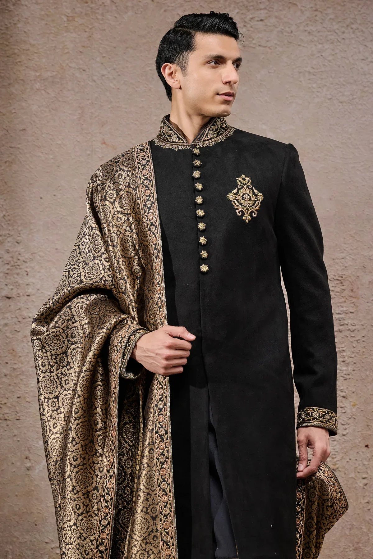 Golden Light Zardozi & Brocade Sherwani Set by Tarun Tahiliani