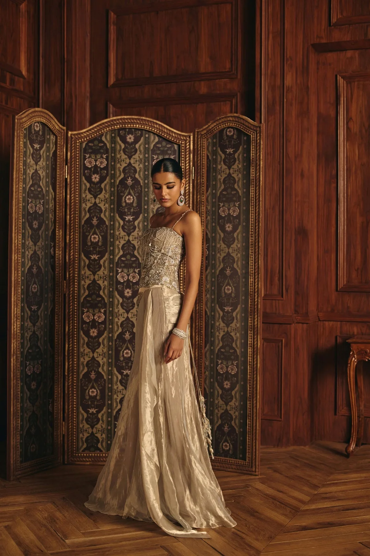 Aarohi by Mahima Mahajan, silver skirt set, view 3