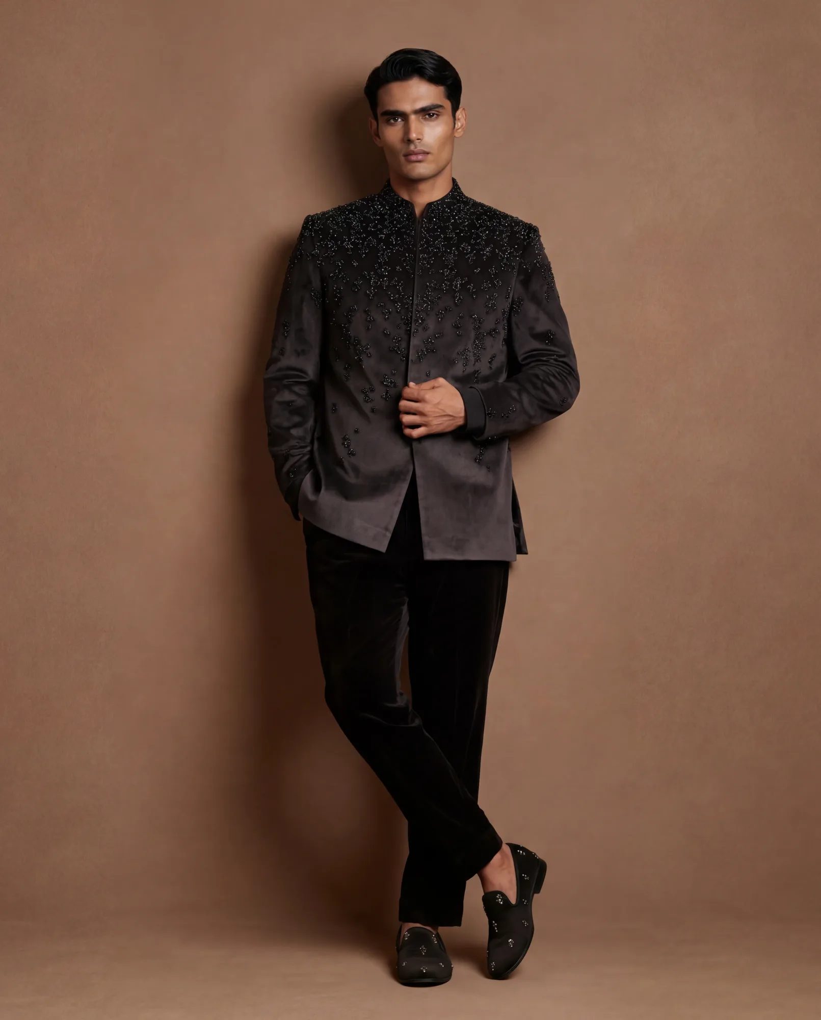 Plum Cascade Open Jacket, Shirt & Pant Set by Dolly J